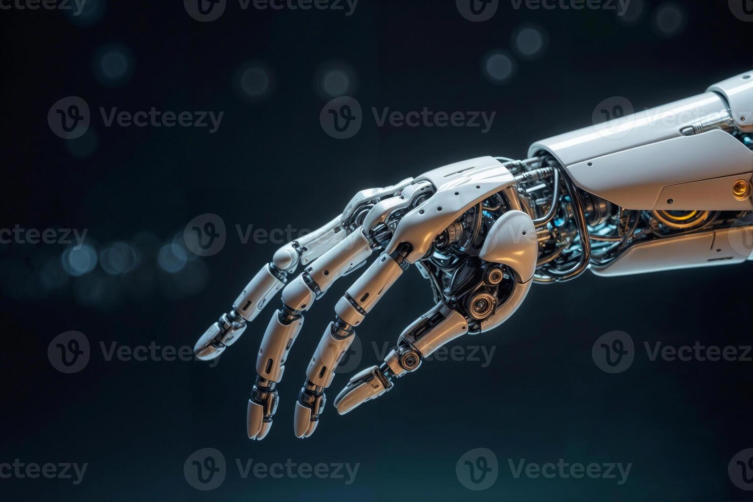 A robotic hand is shown in a black background. The hand is made of metal and has a metallic look to it. Concept of technology and innovation, as well as a futuristic feel photo