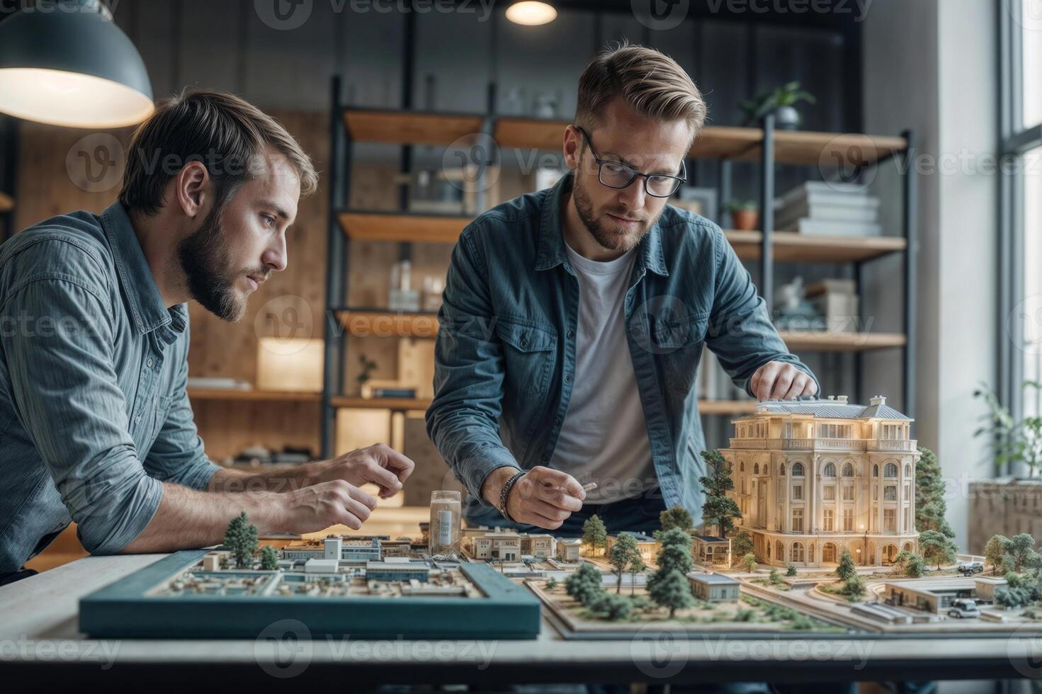 Two European men engineers architect are working on a model of an urban area. Urban planners are working on a functional model of a building. Concept of urban architecture design photo