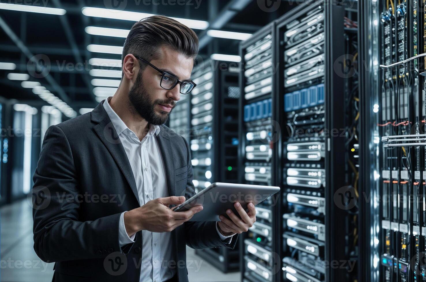 Portrait of male IT specialist between row of operational server racks in data center. Engineer uses tablet computer for maintenance photo