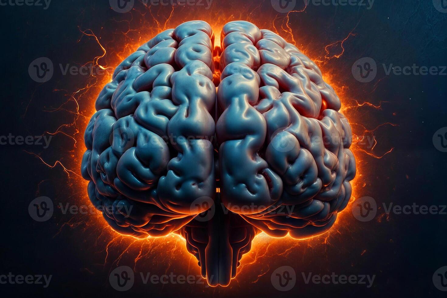 A brain with a red glowing aura. The brain is surrounded by a blue background. The brain is the main focus of the image photo