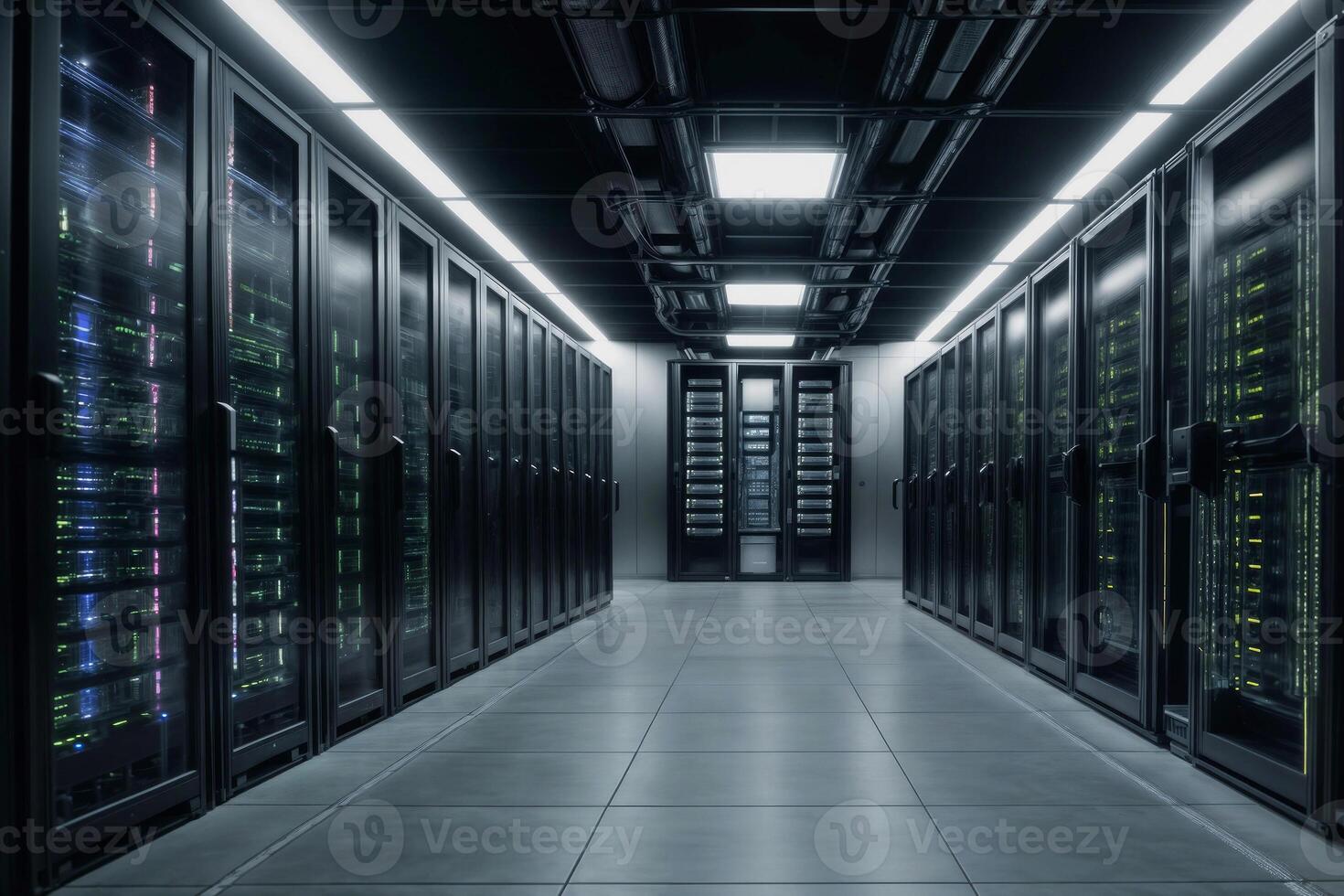 Data center with several rows of fully operational server racks. Modern telecommunications, cloud computing, artificial intelligence, database, supercomputer. photo