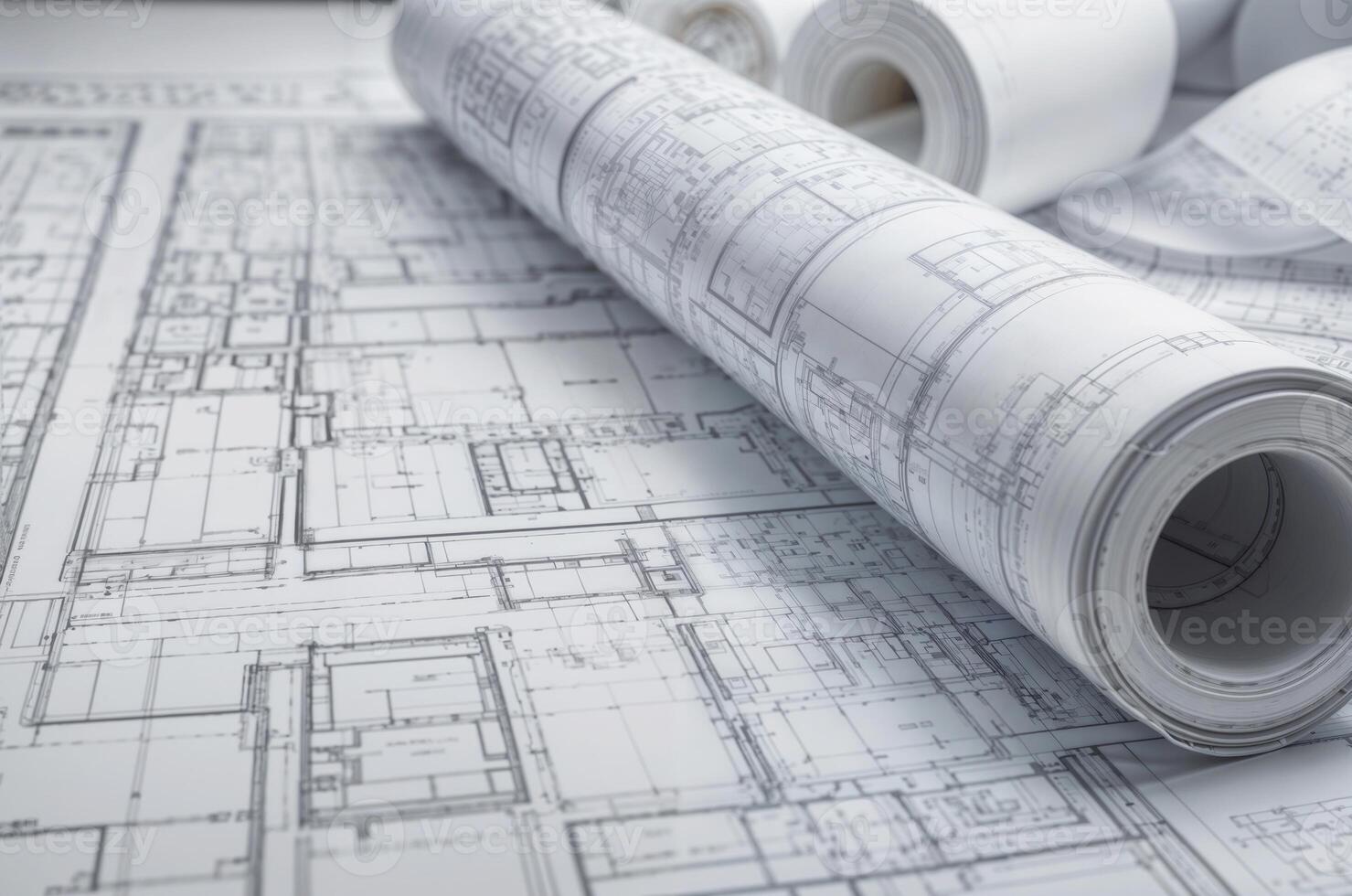 Part of architectural project. Partially visible blueprints, architectural plans. Concept of the part of architectural project photo