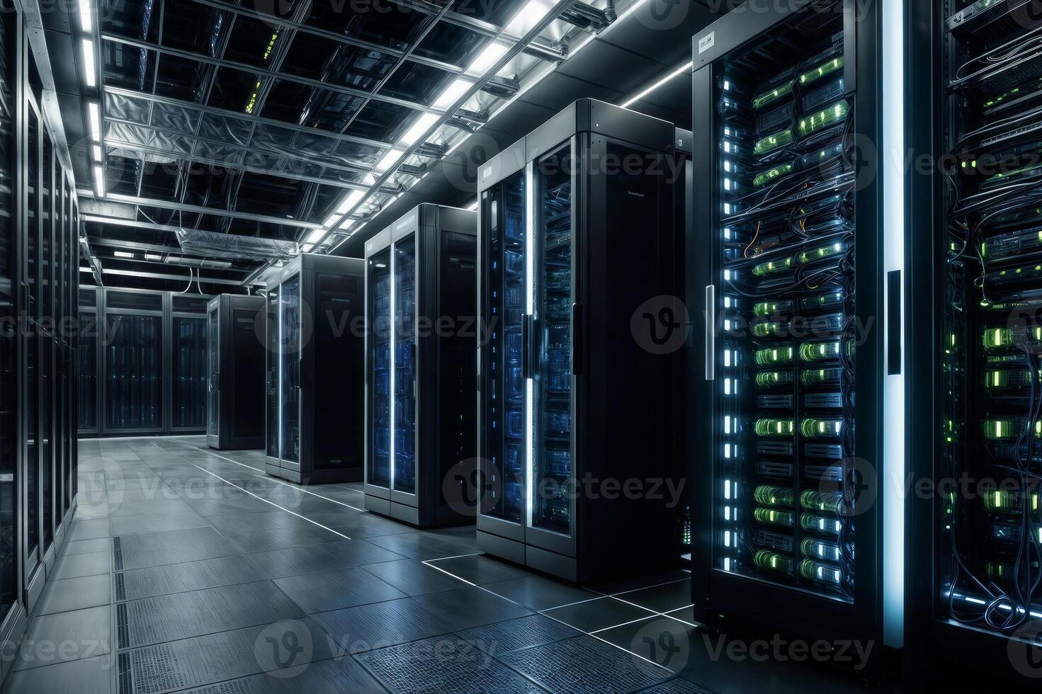 Data center with several rows of fully operational server racks. Modern telecommunications, cloud computing, artificial intelligence, database, supercomputer photo