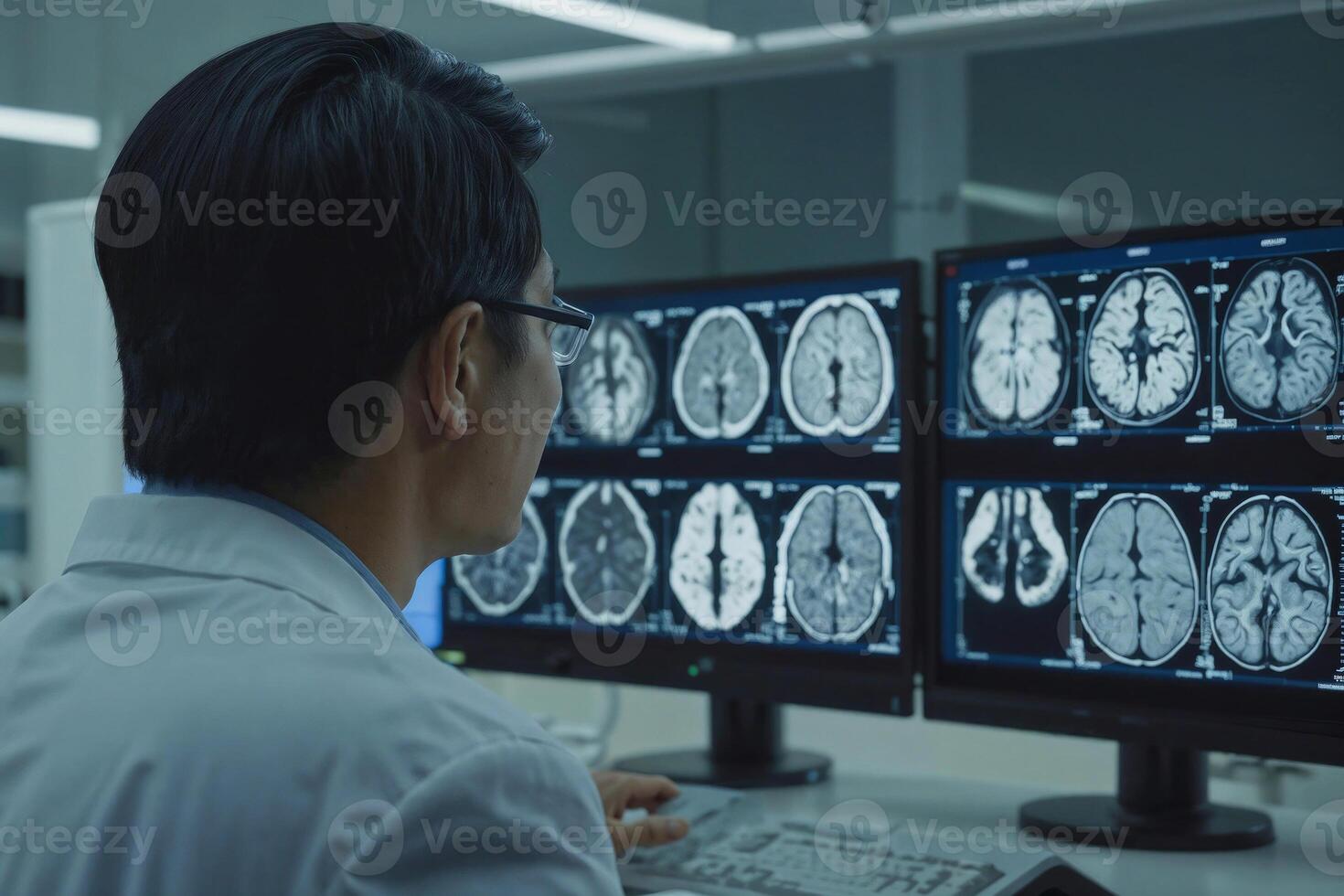 Back view of Asian neurologist man is looking at a computer monitor with three screens displaying different images. He is wearing a white lab coat and glasses photo