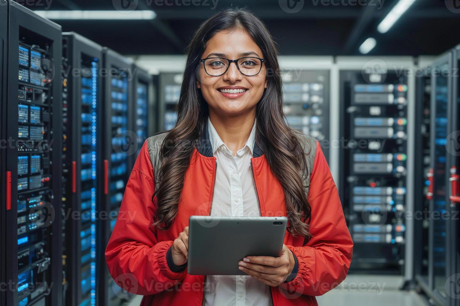 A woman in a red jacket is holding a tablet in front of a row of servers. She is smiling and she is happy photo