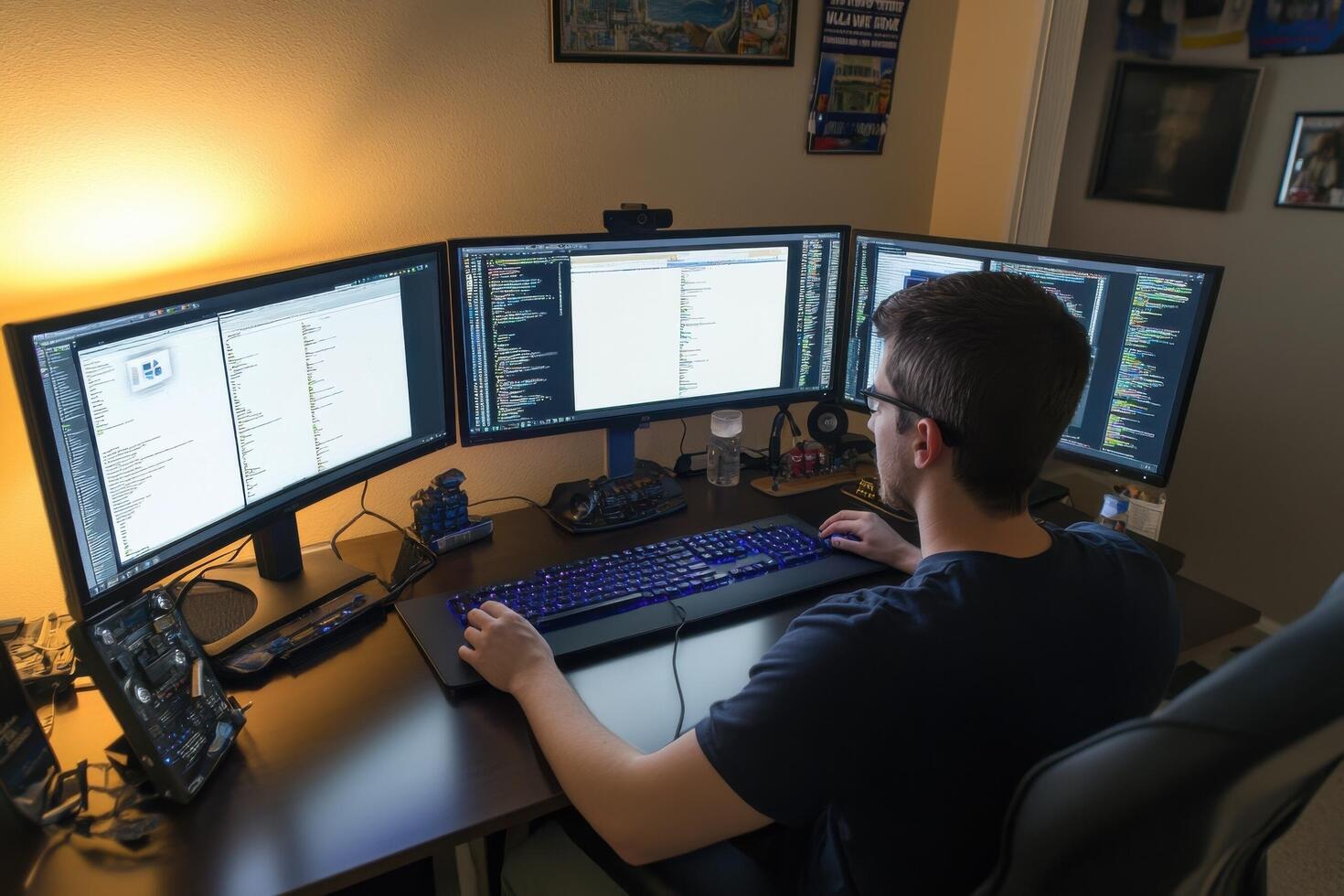 A man sitting at a desk with three computer monitors photo