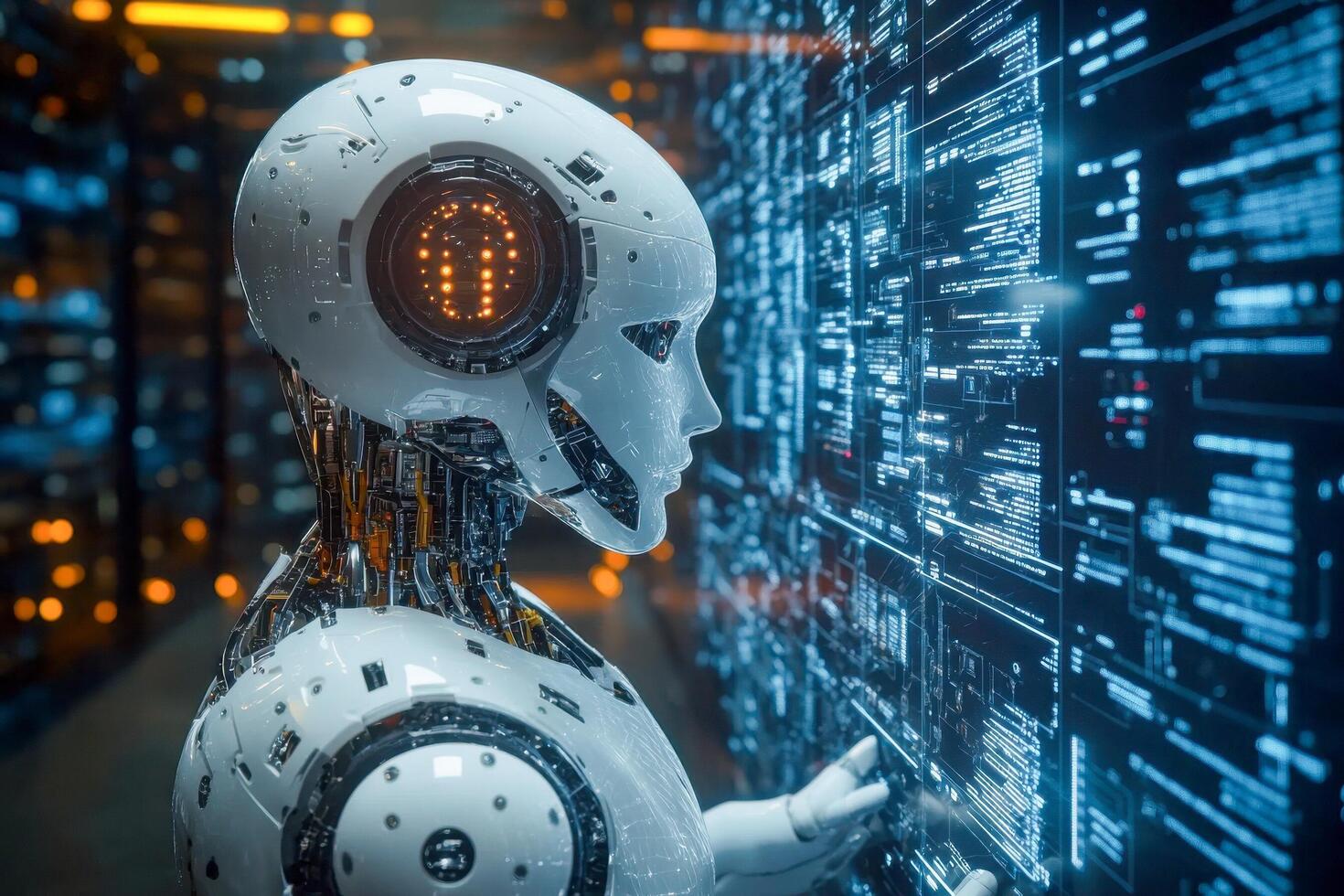 Sleek white robot observes intricate glowing blue digital code on a large screen. Artificial intelligence technology analyzes vast information in a futuristic data center. photo