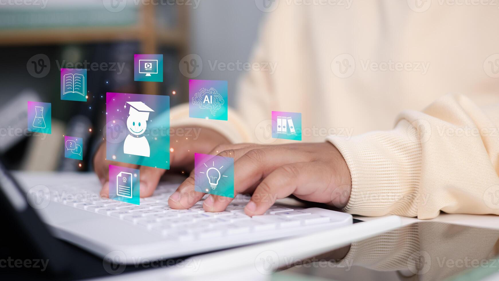 AI Education Technology Online Learning Concept with Student Using Computer and Digital Icons photo