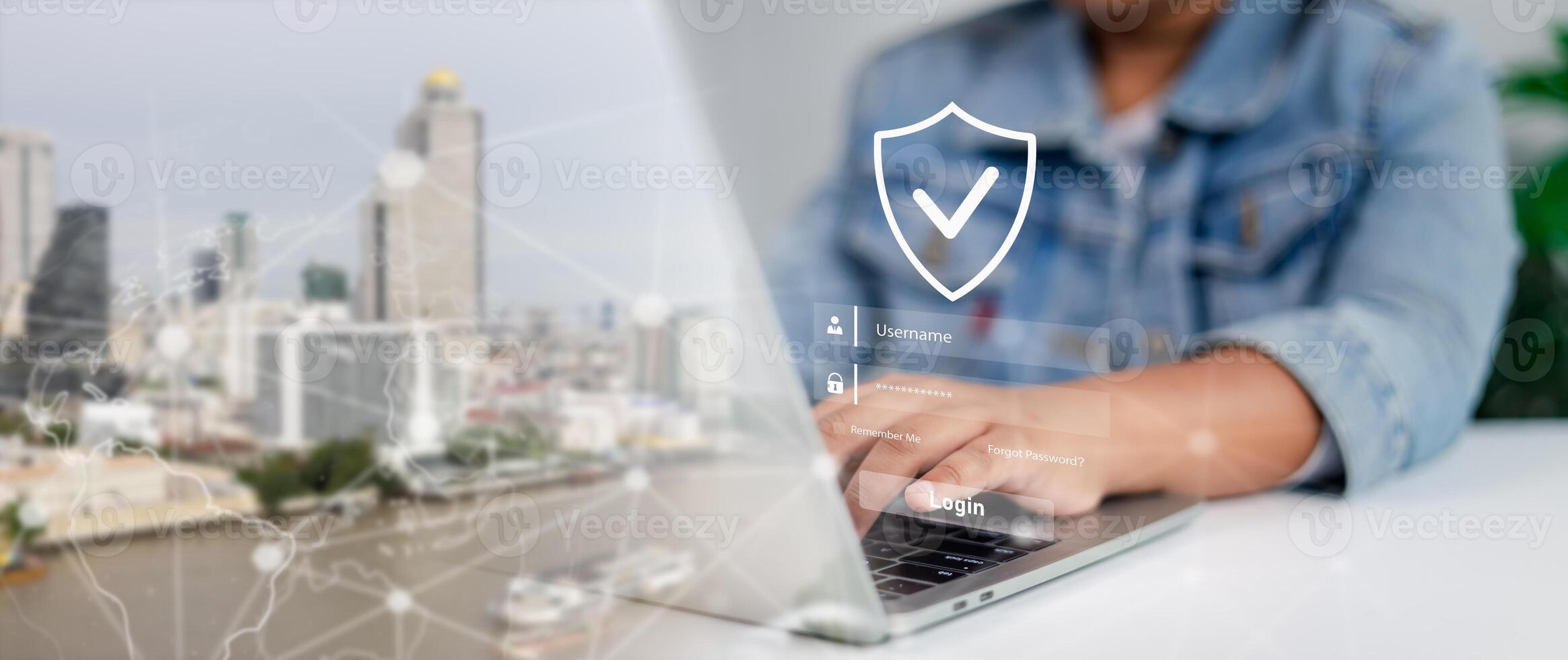 Cybersecurity and Secure Login Hologram with Username and Password Protection on Laptop Computer photo