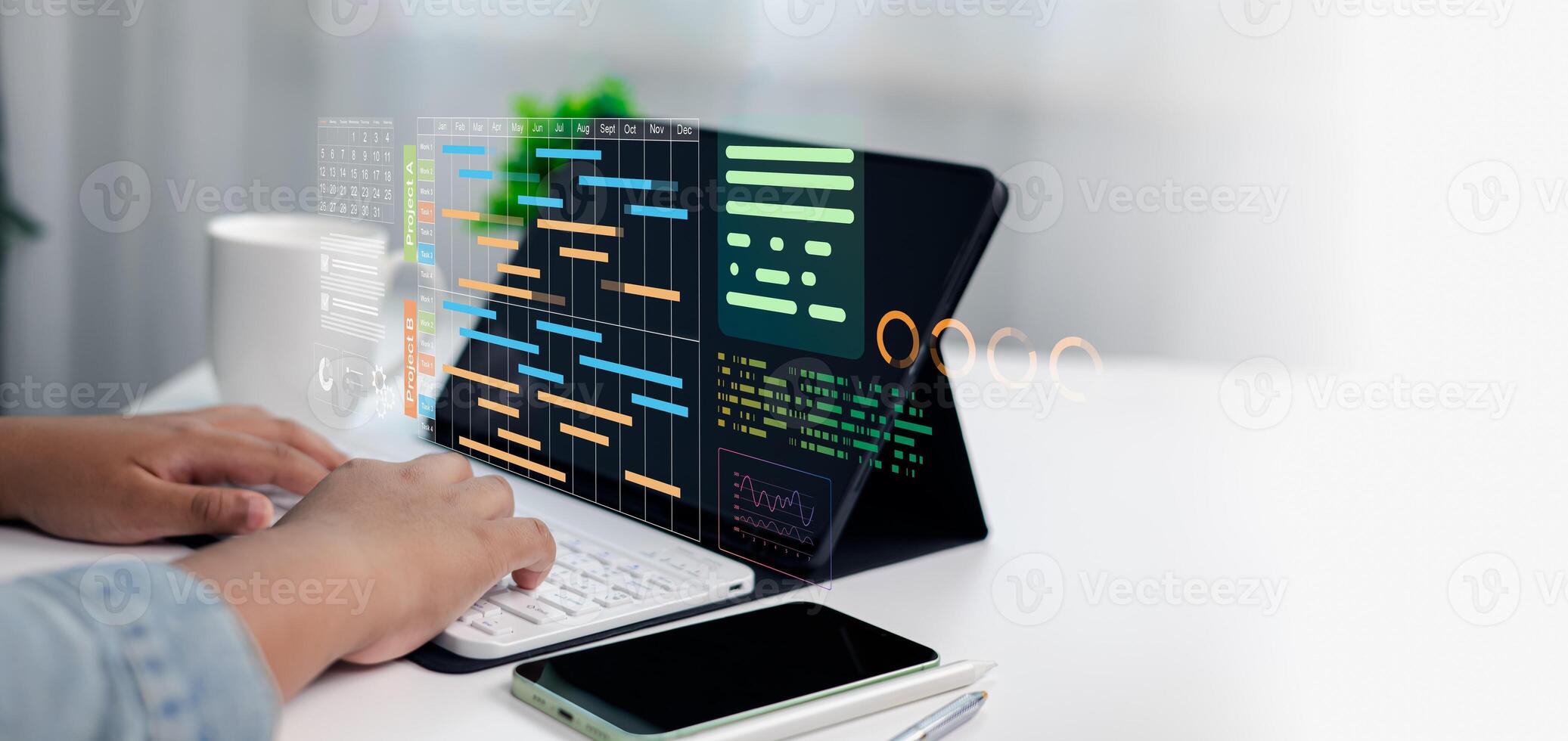 Project Management Dashboard with Gantt Chart and Business Data on Digital Tablet photo