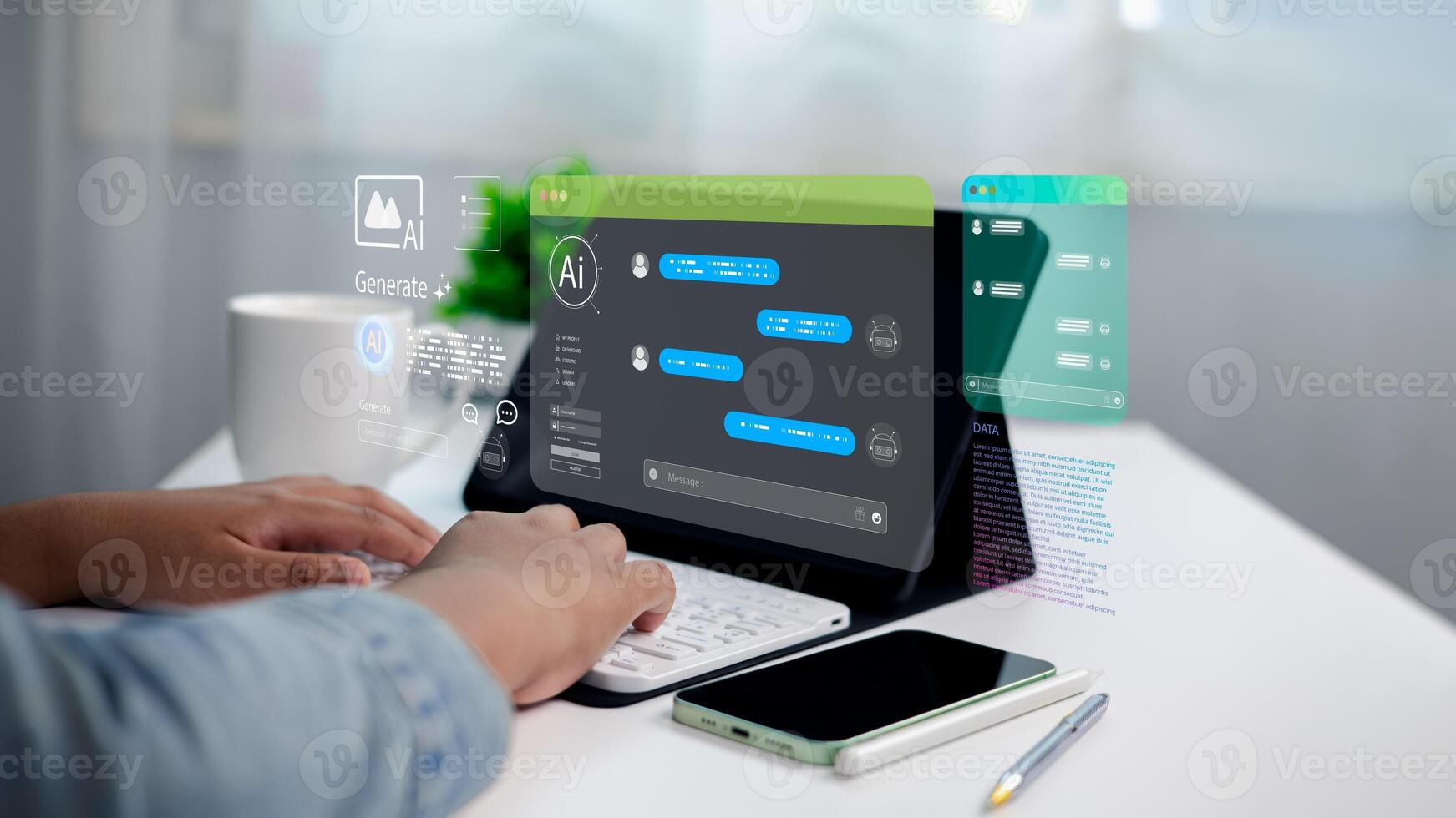 AI chatbot interaction on tablet with futuristic interface, and data analytics concept photo