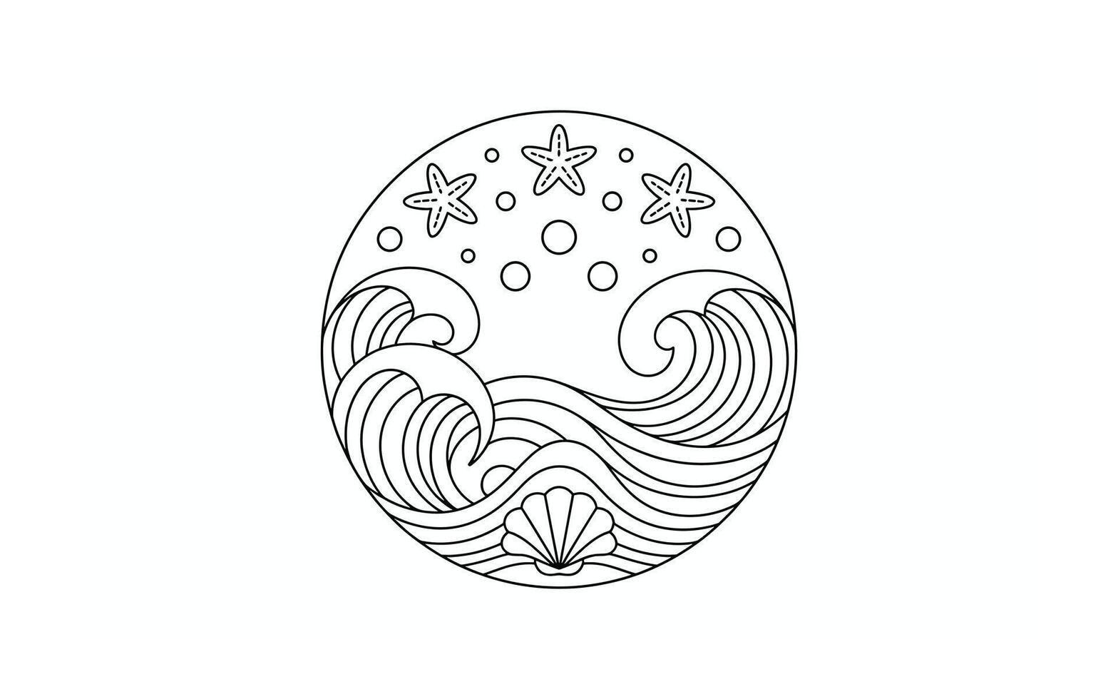 Minimalist Ocean Scene Line Art with Starfish, Waves, Seashell, and Bubbles in Circular Design Ideal for Coloring Books and Creative Projects vector