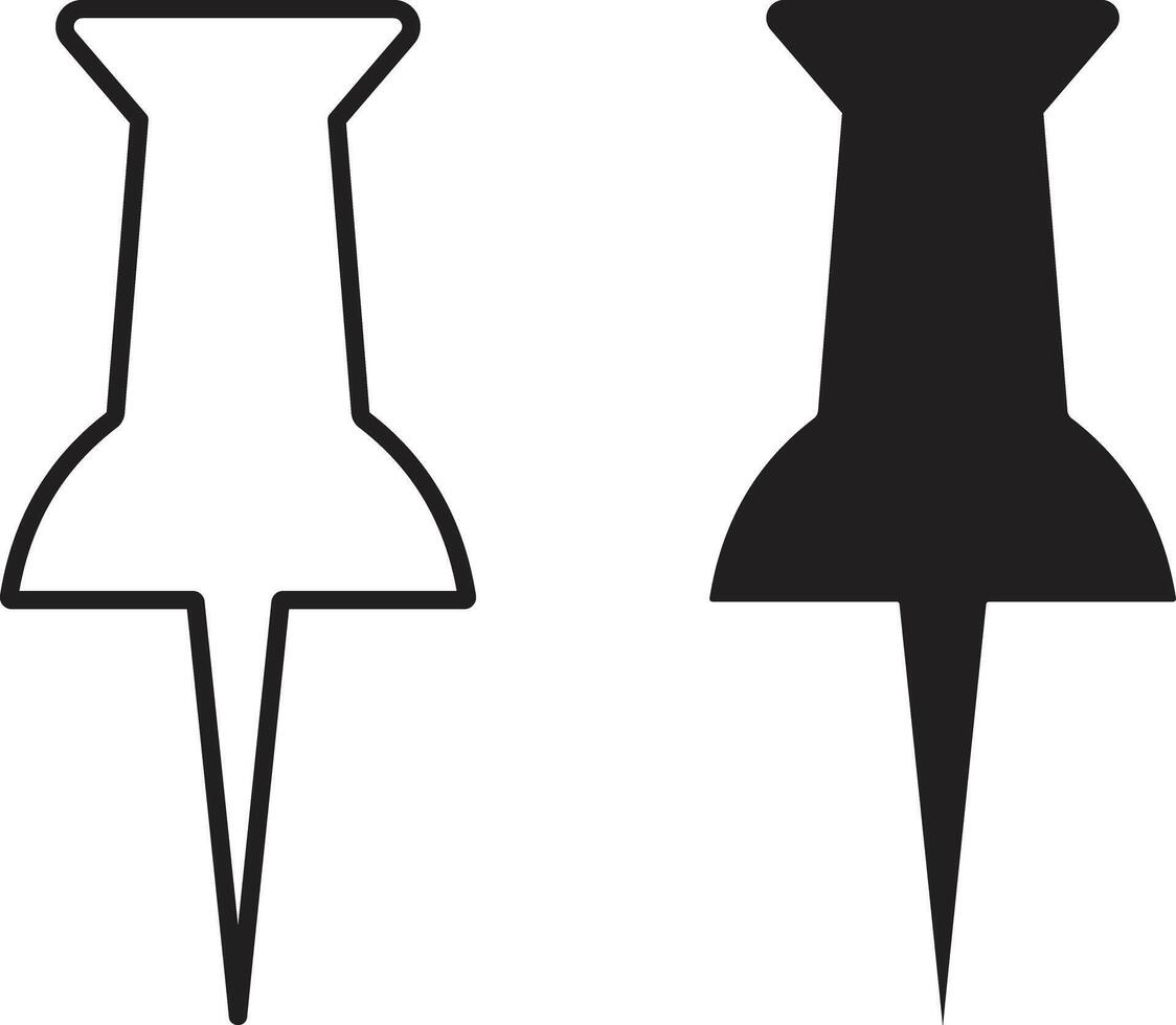 Push pin icon set in solid outline flat style. design isolated on white background. needle, pinned, attach, and note symbol. thumbstick, Paperclip. vector