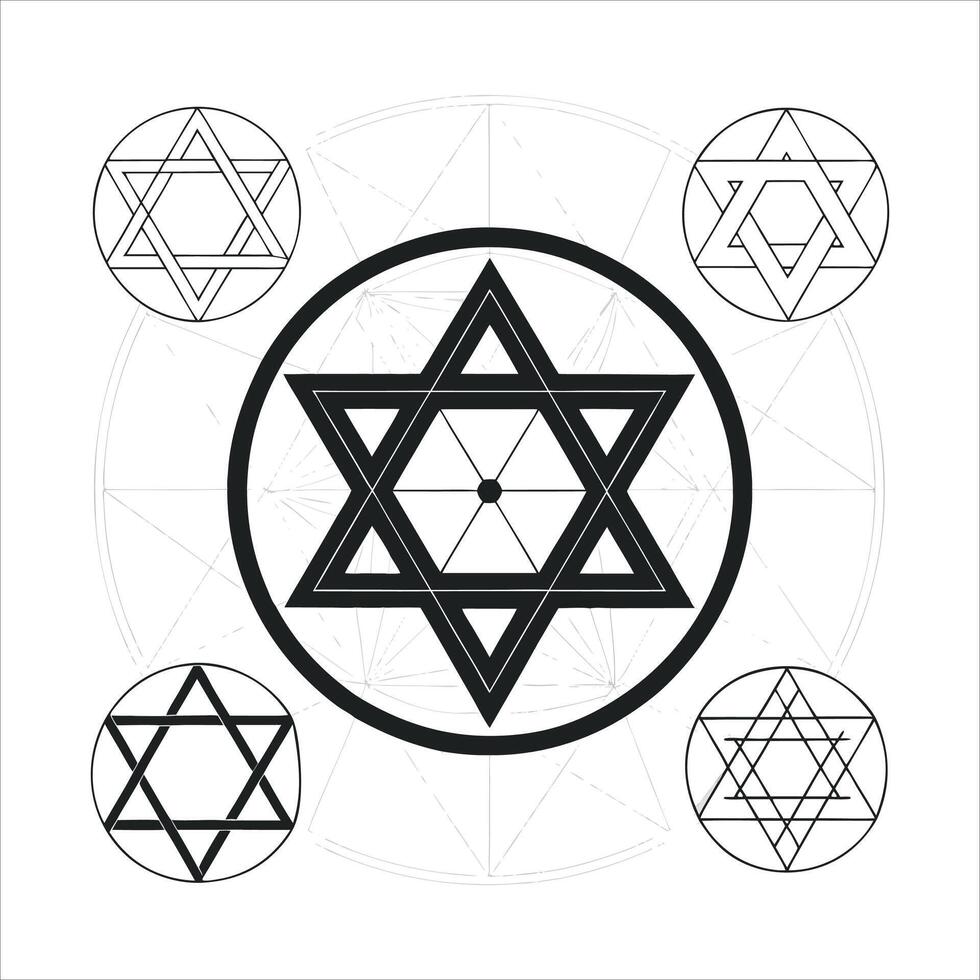 Intricate Star of David Variations A Geometric Exploration of Jewish Symbolism and Kabbalistic Imagery with Circular Arrangements vector