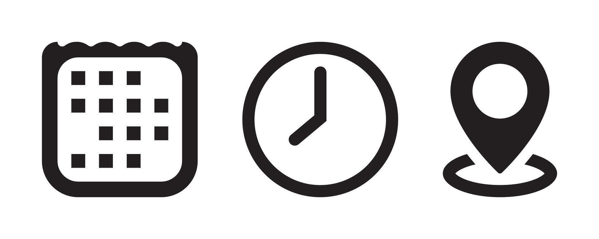 Calendar, Clock, Location Pin Icons. Event Icon Set. Address, Time, Date Symbols in and vector