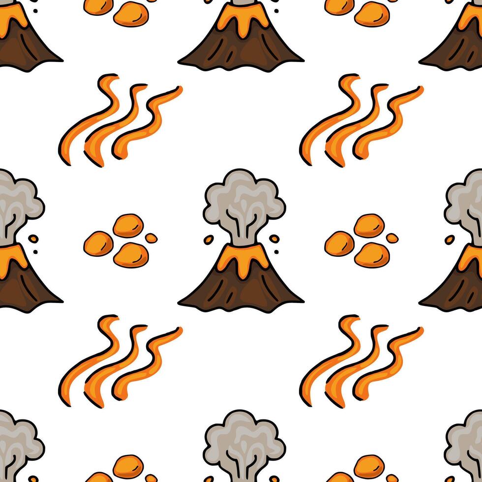 Seamless pattern featuring hand-drawn cartoon volcanoes erupting orange lava and smoke, accompanied by scattered rocks and lava flows, creating a playful yet dynamic design. vector