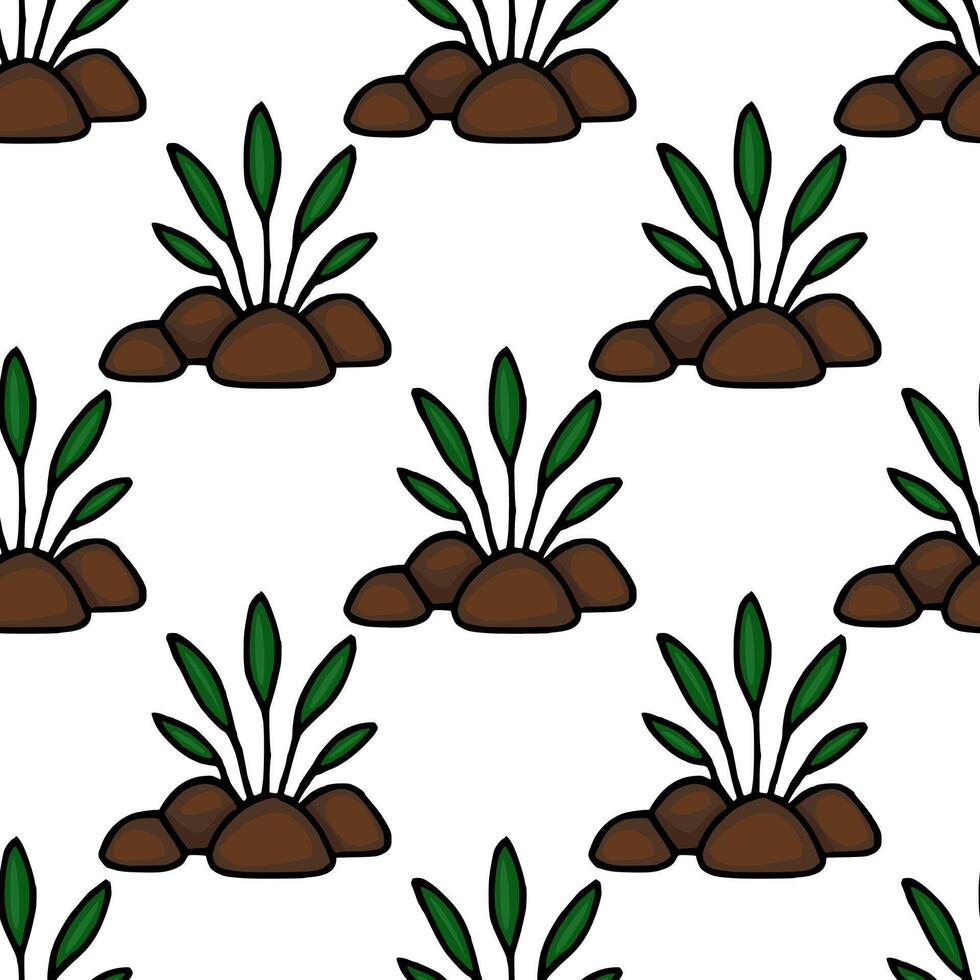 Seamless pattern of stylized green sprouts emerging from brown stones, creating a minimalist nature-inspired design ideal for various applications. vector