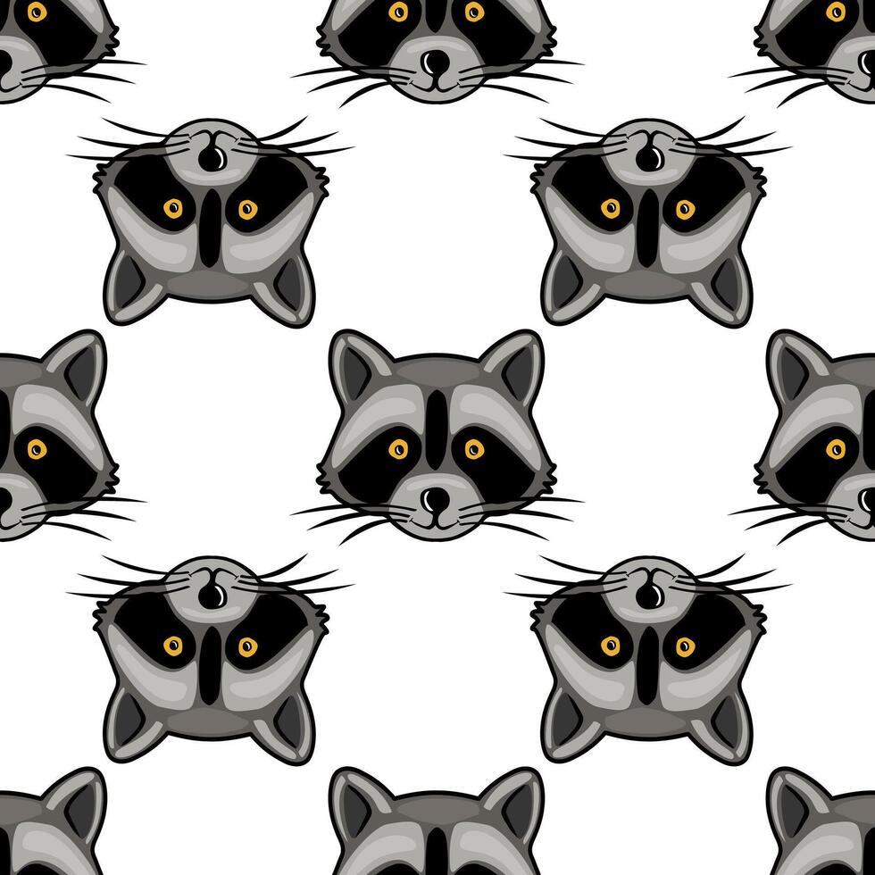 Seamless pattern featuring playful raccoon faces with bright yellow eyes, alternating between upright and upside-down positions, creating a dynamic and whimsical design. vector