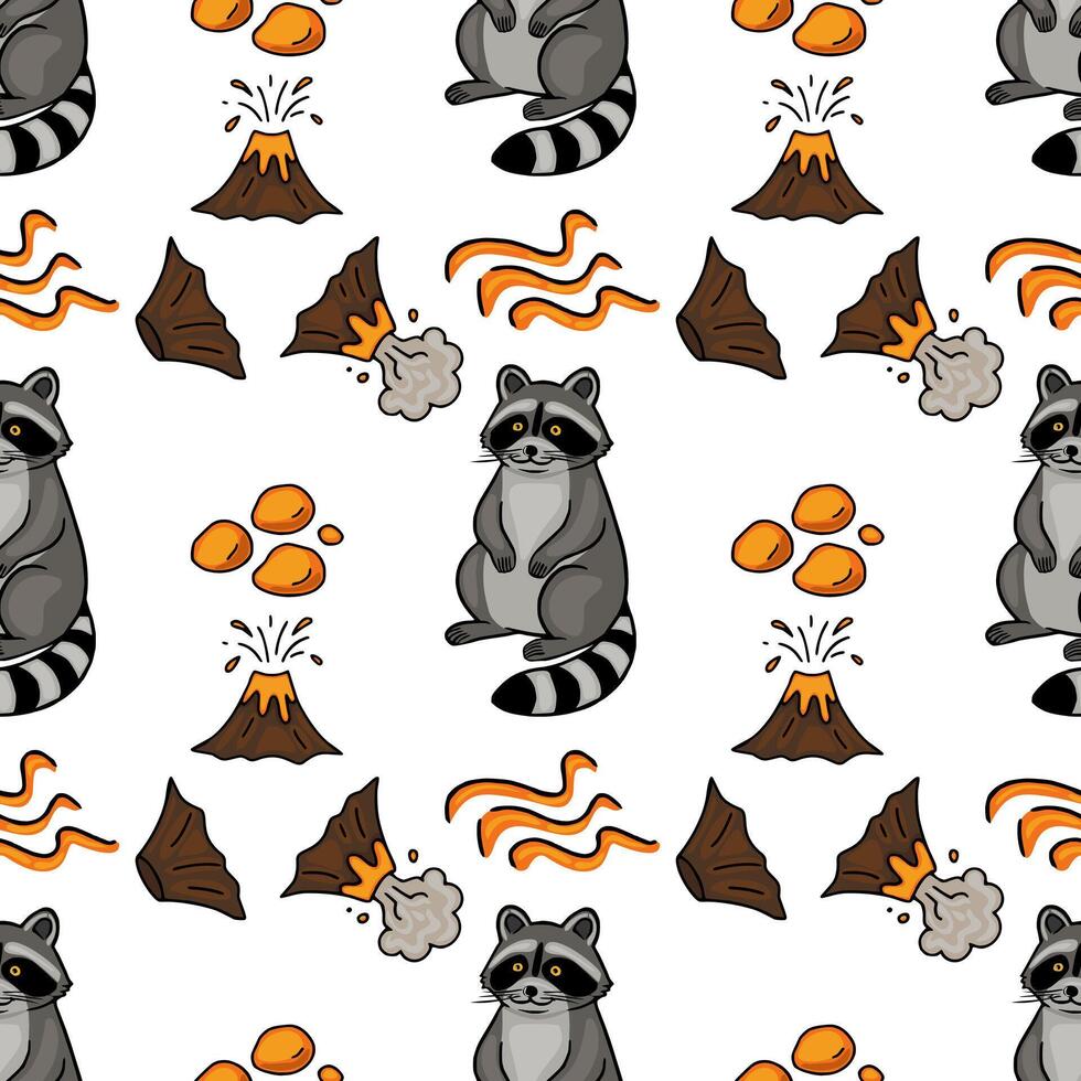 Seamless pattern featuring adorable cartoon raccoons amidst erupting volcanoes and lava flows, creating a playful yet slightly mischievous design. vector
