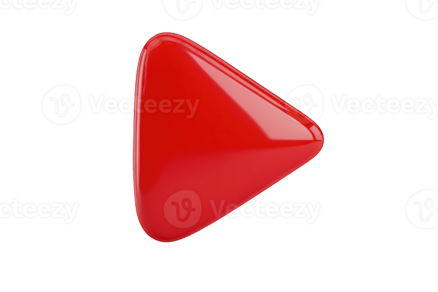 Shiny red 3D play button icon with glossy finish, isolated on transparency background. triangular shape is smooth and reflective, symbolizing media and digital content png