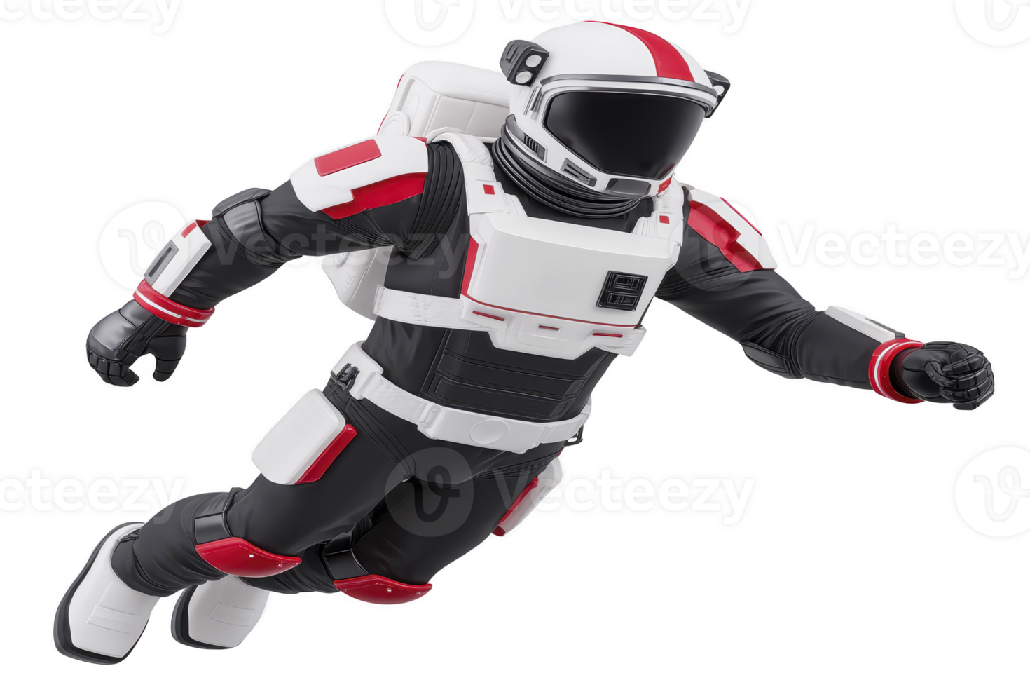 Futuristic astronaut in sleek black, white, and red spacesuit is floating in space, showcasing advanced technology and design. suit features helmet and backpack, emphasizing exploration png