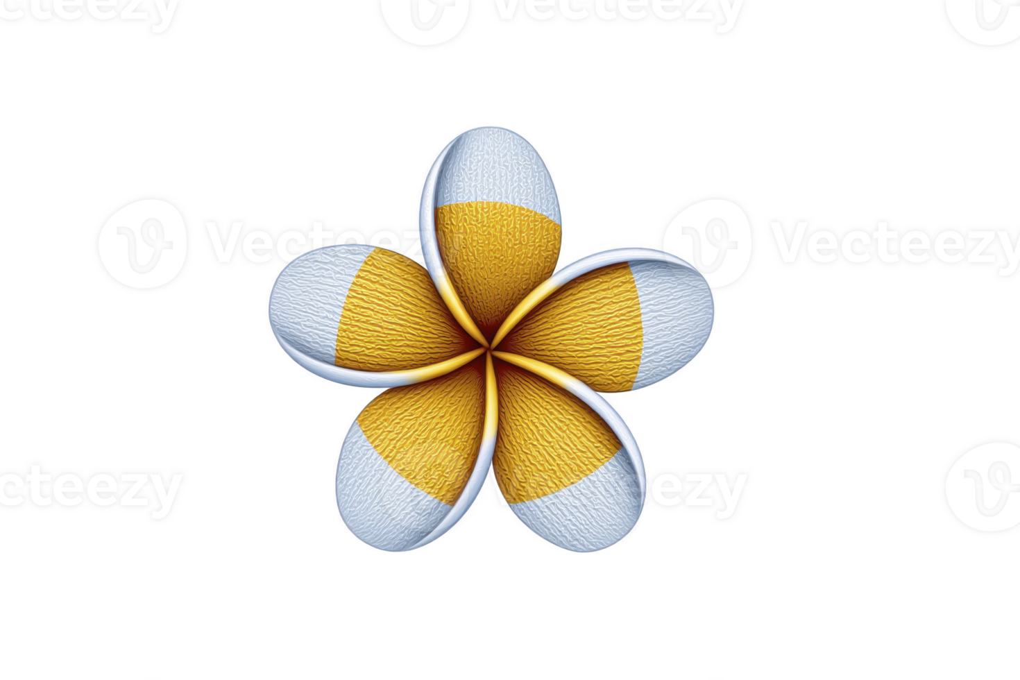 Digitally created abstract flower with five petals, each featuring textured pattern in white and yellow, set against transparent background. design is symmetrical and visually striking png