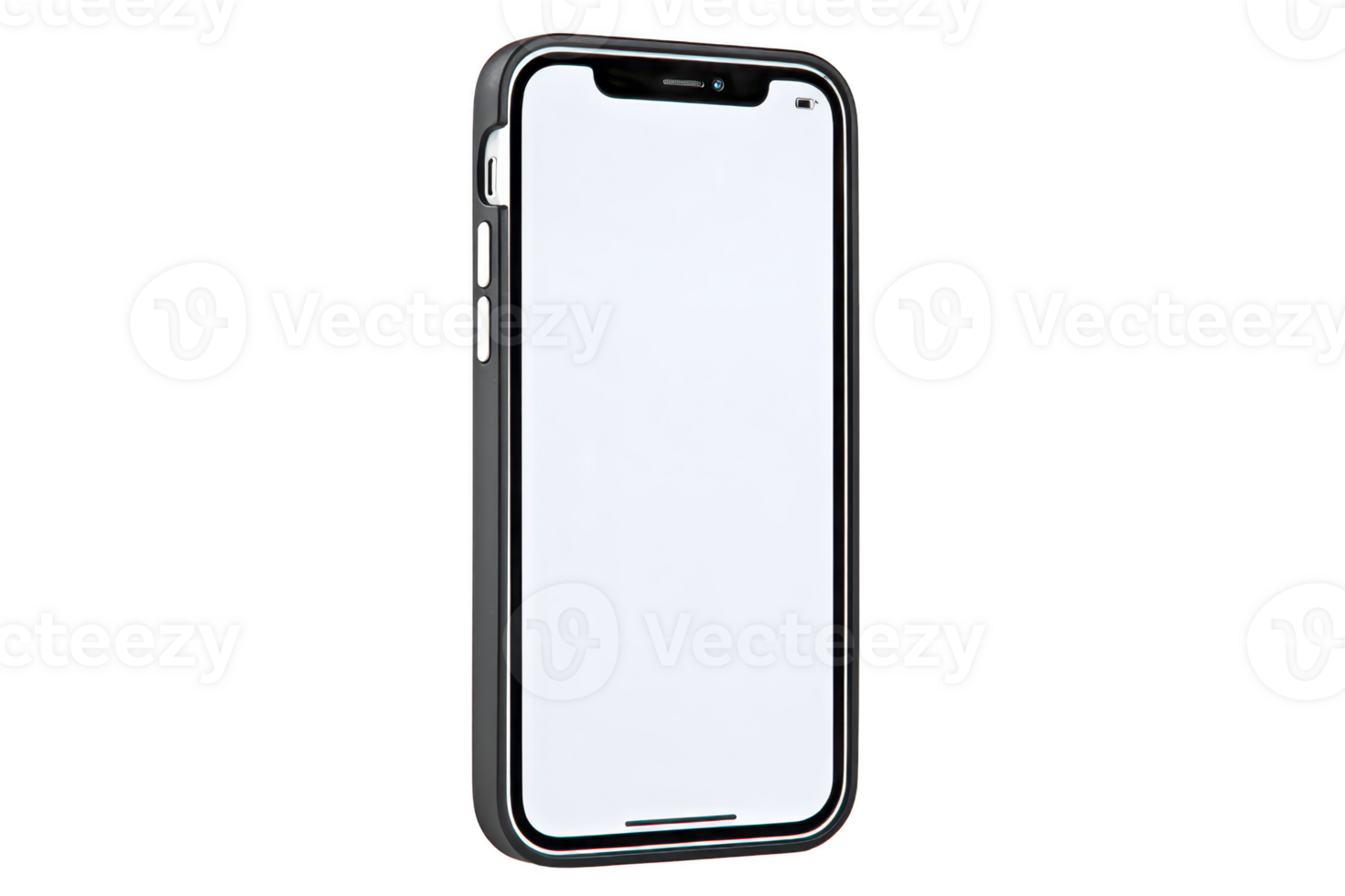 Sleek smartphone with black frame and blank white screen, showcasing modern design. device features side buttons and front camera, ideal for technology and communication themes png