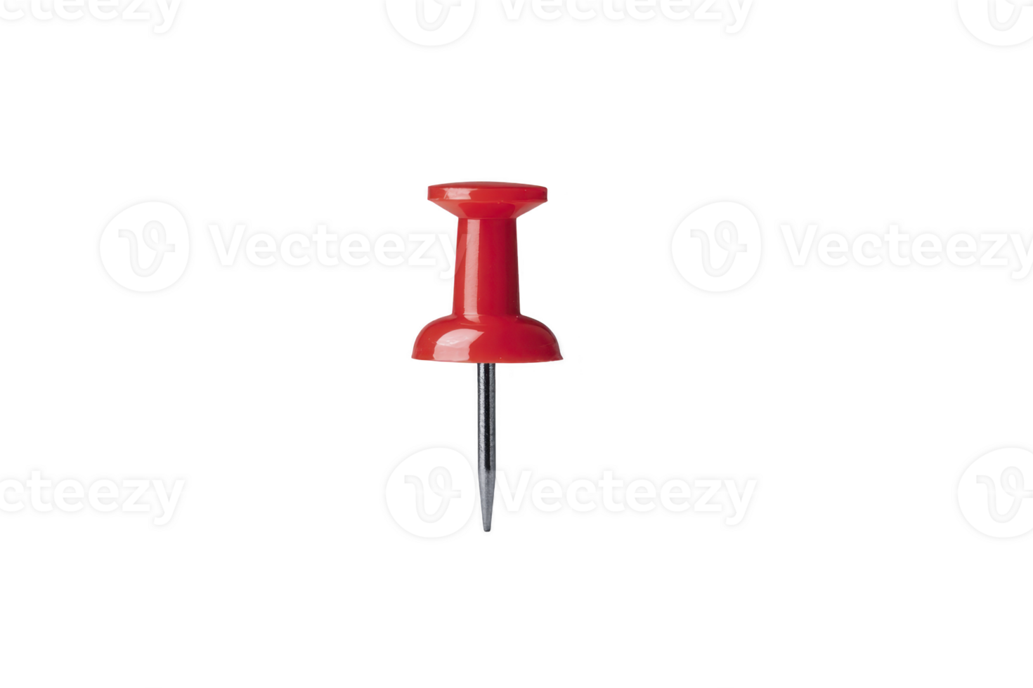 Red pushpin with shiny surface and sharp metal point is isolated on transparency background, commonly used for pinning notes or papers on bulletin boards png