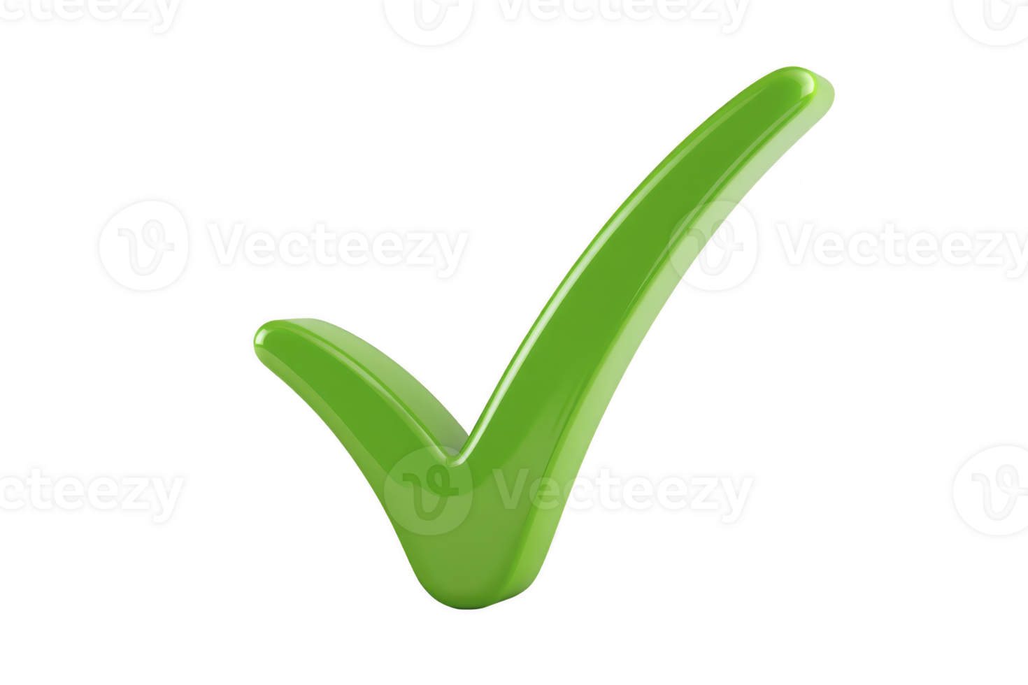Shiny green check mark symbol on transparency background, representing approval or correctness. check mark is bold and three dimensional, conveying sense of positivity and affirmation png