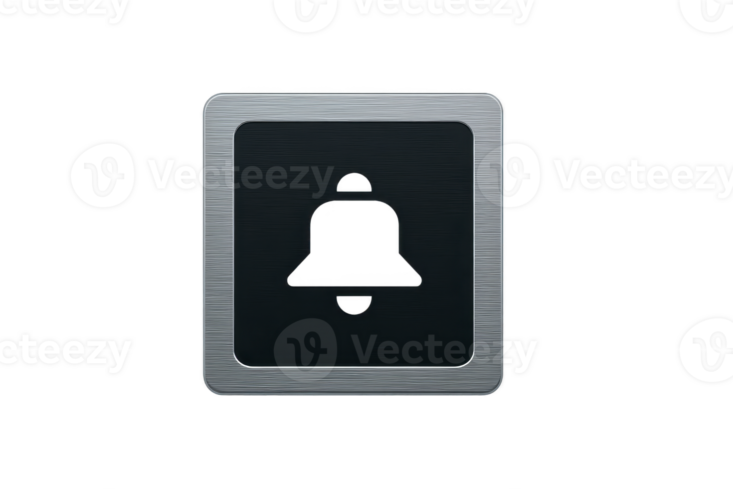 Metallic square button with bell icon in center, symbolizing notifications or alerts. button has sleek, modern design with brushed metal texture, giving it contemporary look png