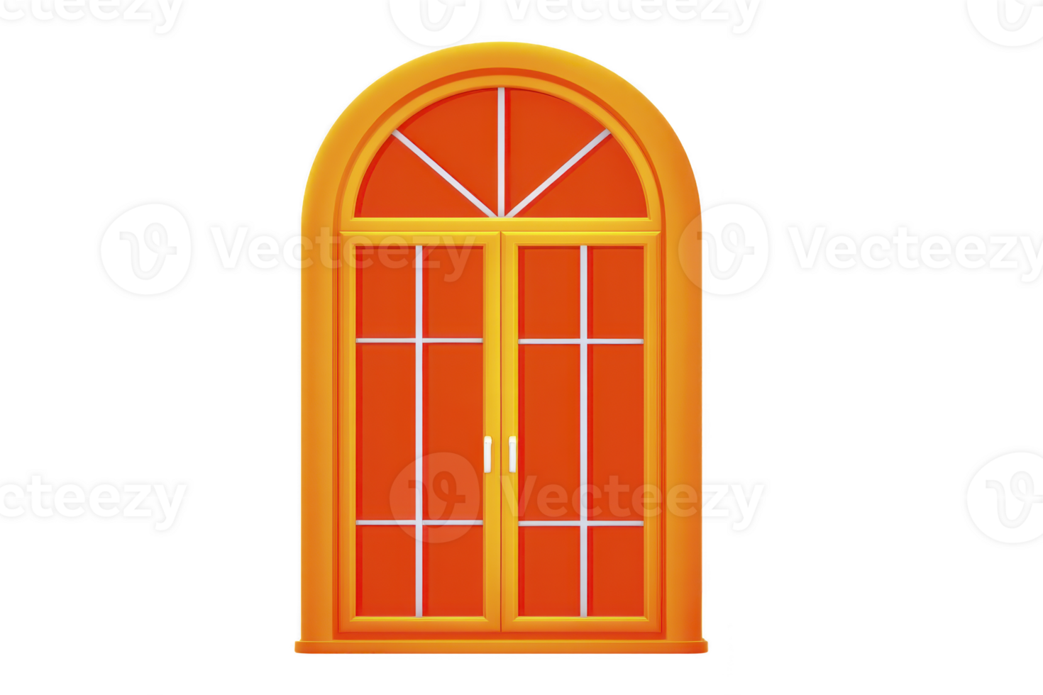 Vibrant orange arched window with classic design, featuring white grid lines and handles, evokes sense of warmth and elegance. window bright color and symmetrical structure make it visually png
