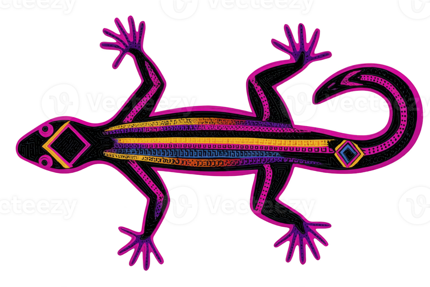 Vibrant, abstract lizard illustration with geometric patterns and bright colors, showcasing unique artistic style. design features bold lines and vivid hues, creating striking visual effect png