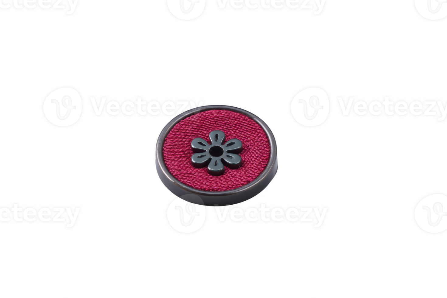 Round, decorative button with red fabric center and floral design in middle, set against transparency background. button intricate pattern adds touch of elegance png