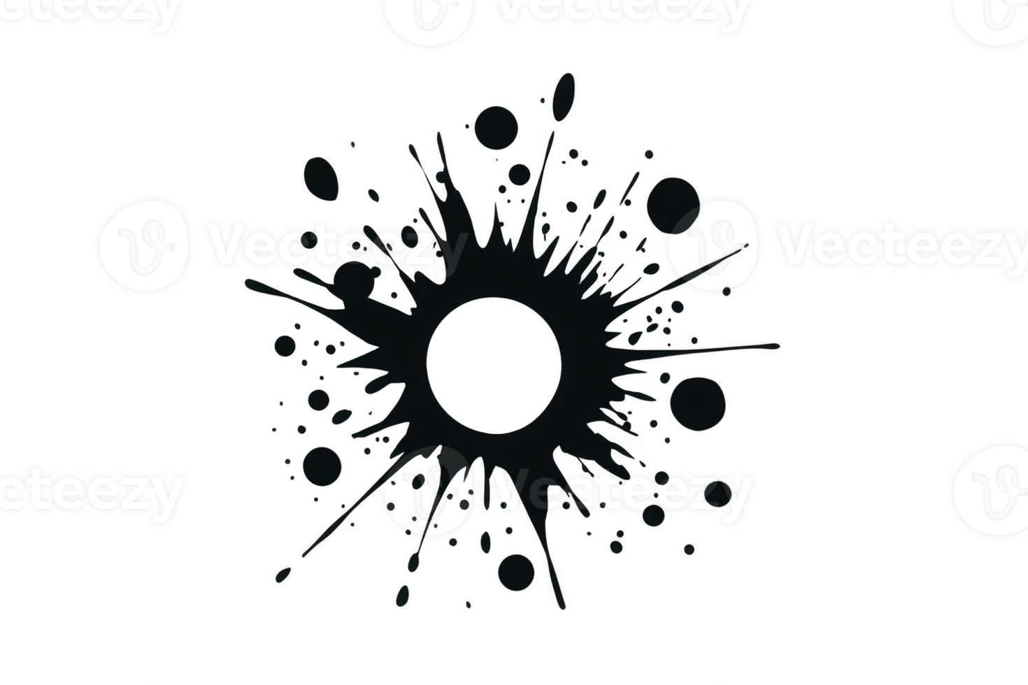 Black ink splatter with central circular shape and radiating droplets creates dynamic and artistic effect. design is abstract and can be used for creative projects png