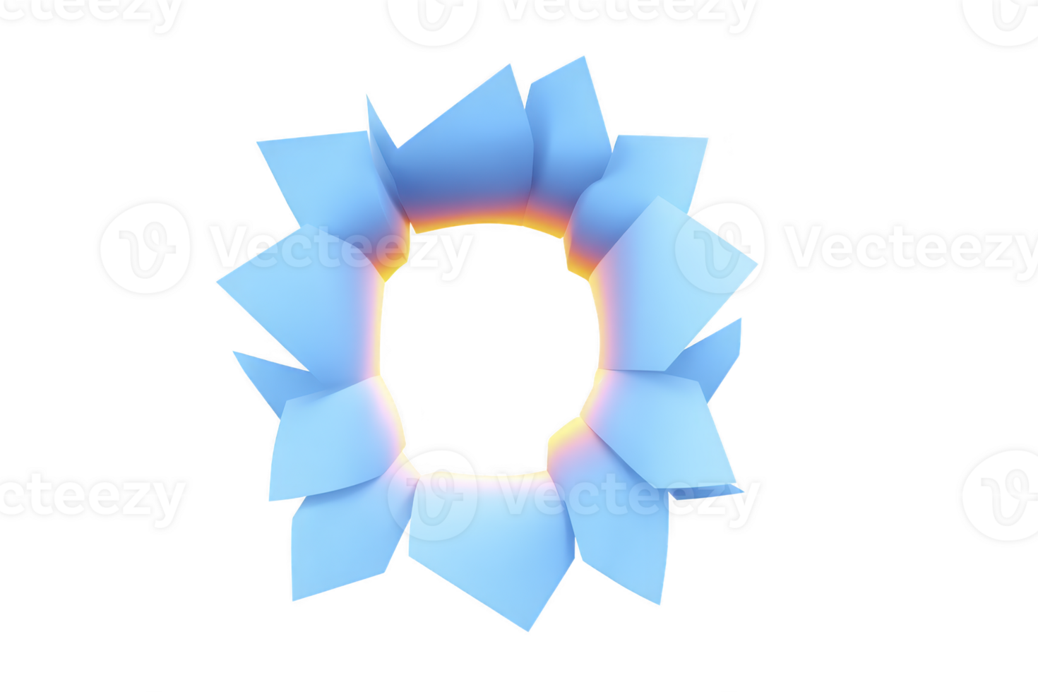 Vibrant, abstract 3D shape with blue petals forming circular pattern, glowing with soft gradient of warm colors at center, creating dynamic and modern design png