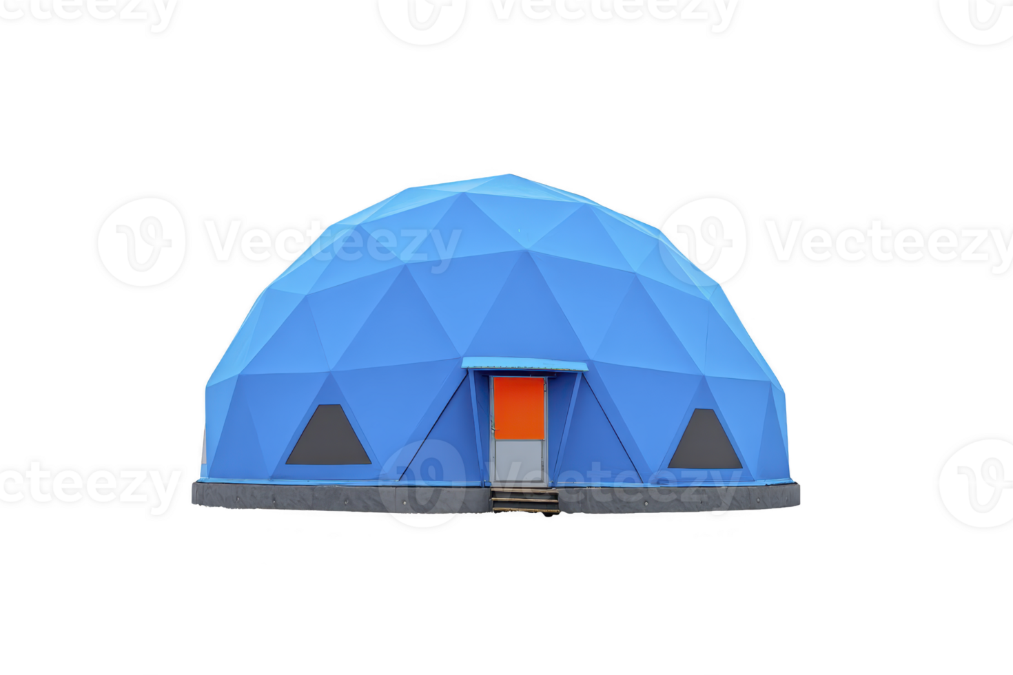 Blue geodesic dome with triangular panels and orange door, featuring small triangular windows, stands isolated on transparency background. structure is modern and innovative png