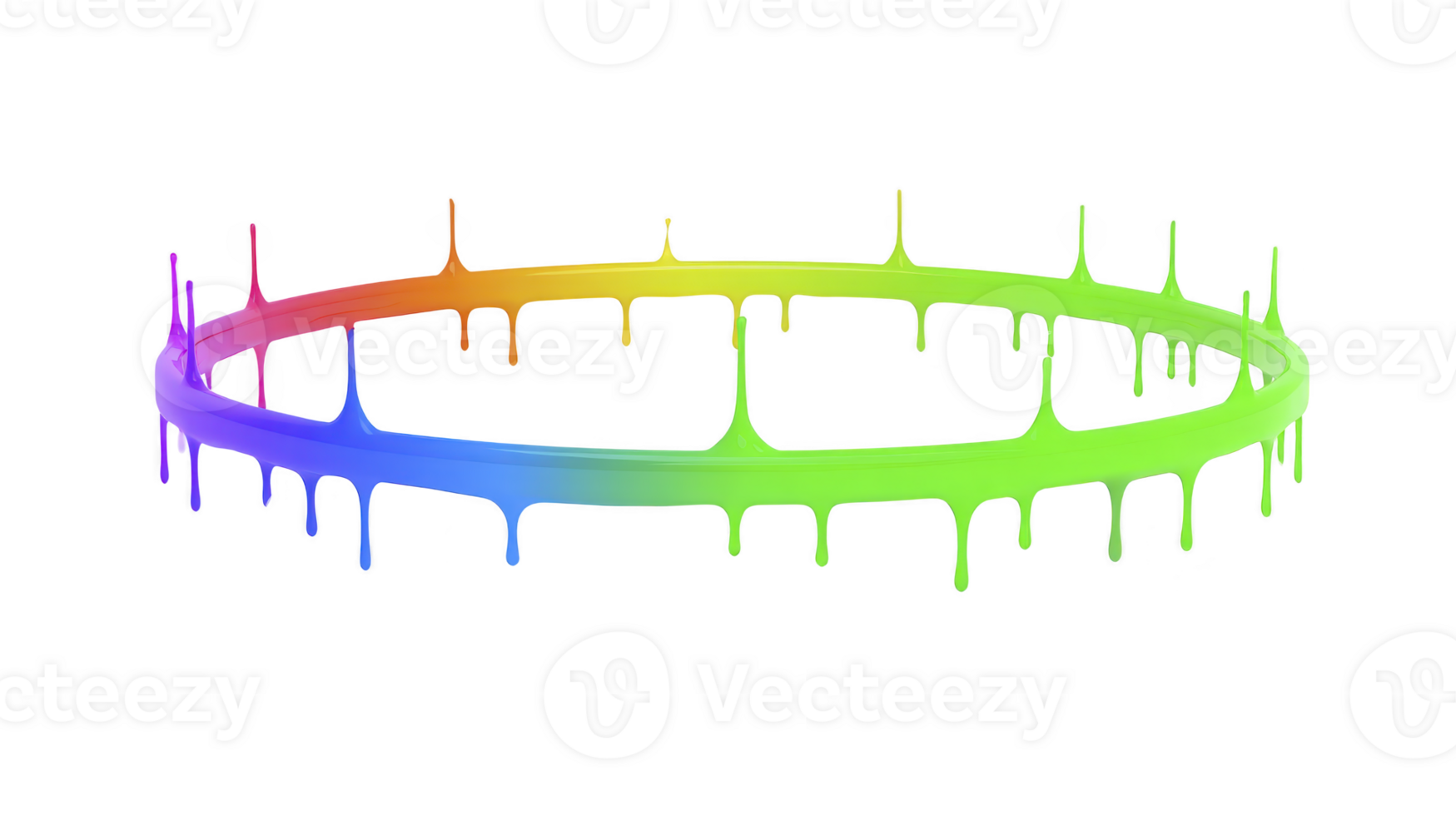 Vibrant, circular rainbow gradient ring with dripping paint effect creates dynamic and colorful visual. design features smooth transitions between colors, adding sense of movement and creativity png