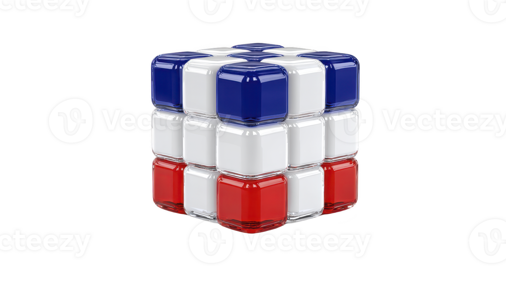 3D puzzle cube with glossy finish features red, white, and blue colors, resembling flag pattern. cube reflective surface adds modern and sleek appearance png