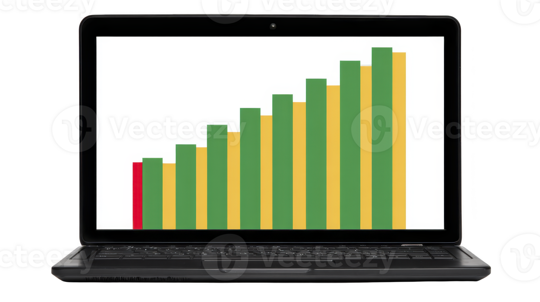 Laptop displaying colorful bar graph with increasing values, featuring red, yellow, and green bars, symbolizes growth and progress png