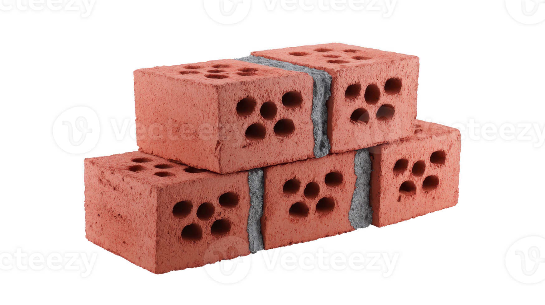 Red bricks stacked with mortar, featuring multiple holes for construction use. bricks are arranged in staggered pattern, showcasing their texture and design, ideal for building projects png