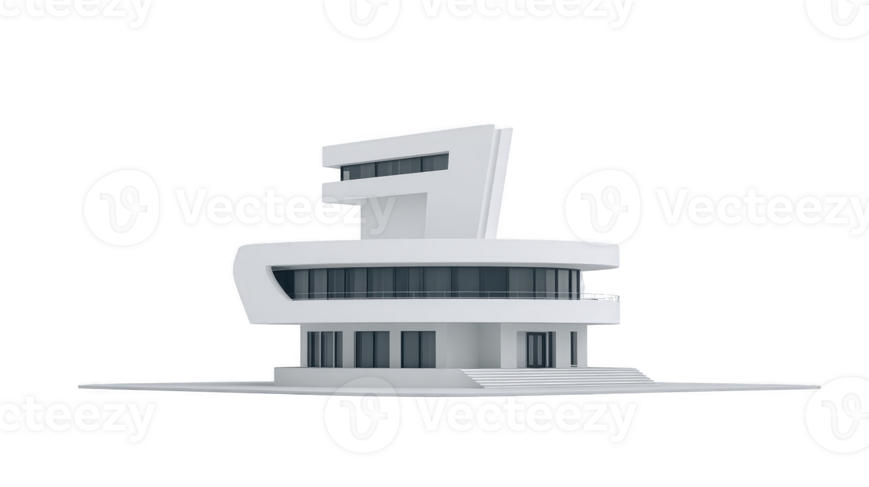 Modern architectural design showcases unique building with sleek, curved structure and large windows. white exterior emphasizes its contemporary style, making it striking visual element png