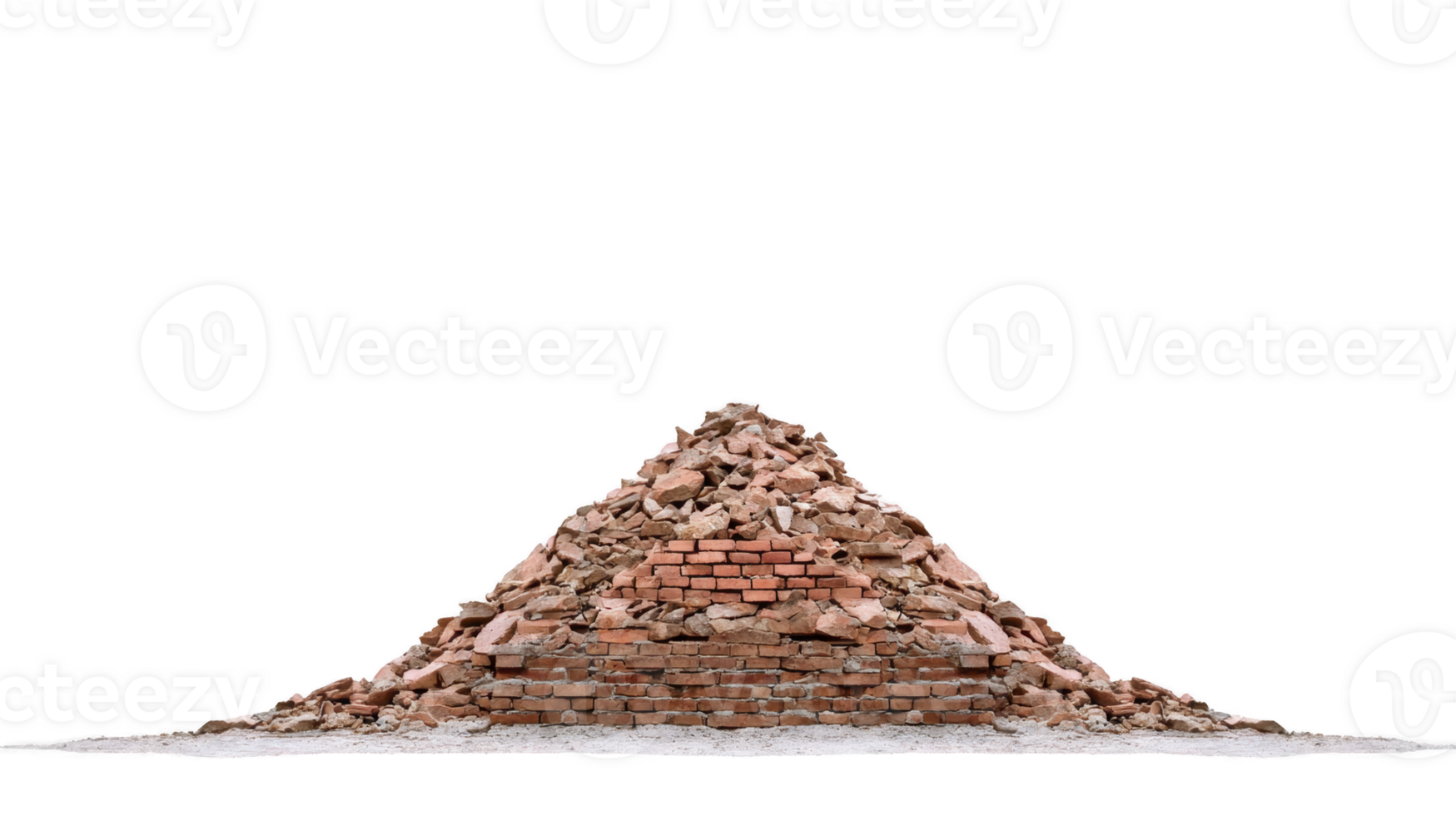 Large pile of broken bricks and debris forms triangular shape, showcasing mix of red and gray materials. scene evokes sense of construction or demolition, highlighting raw texture and color png