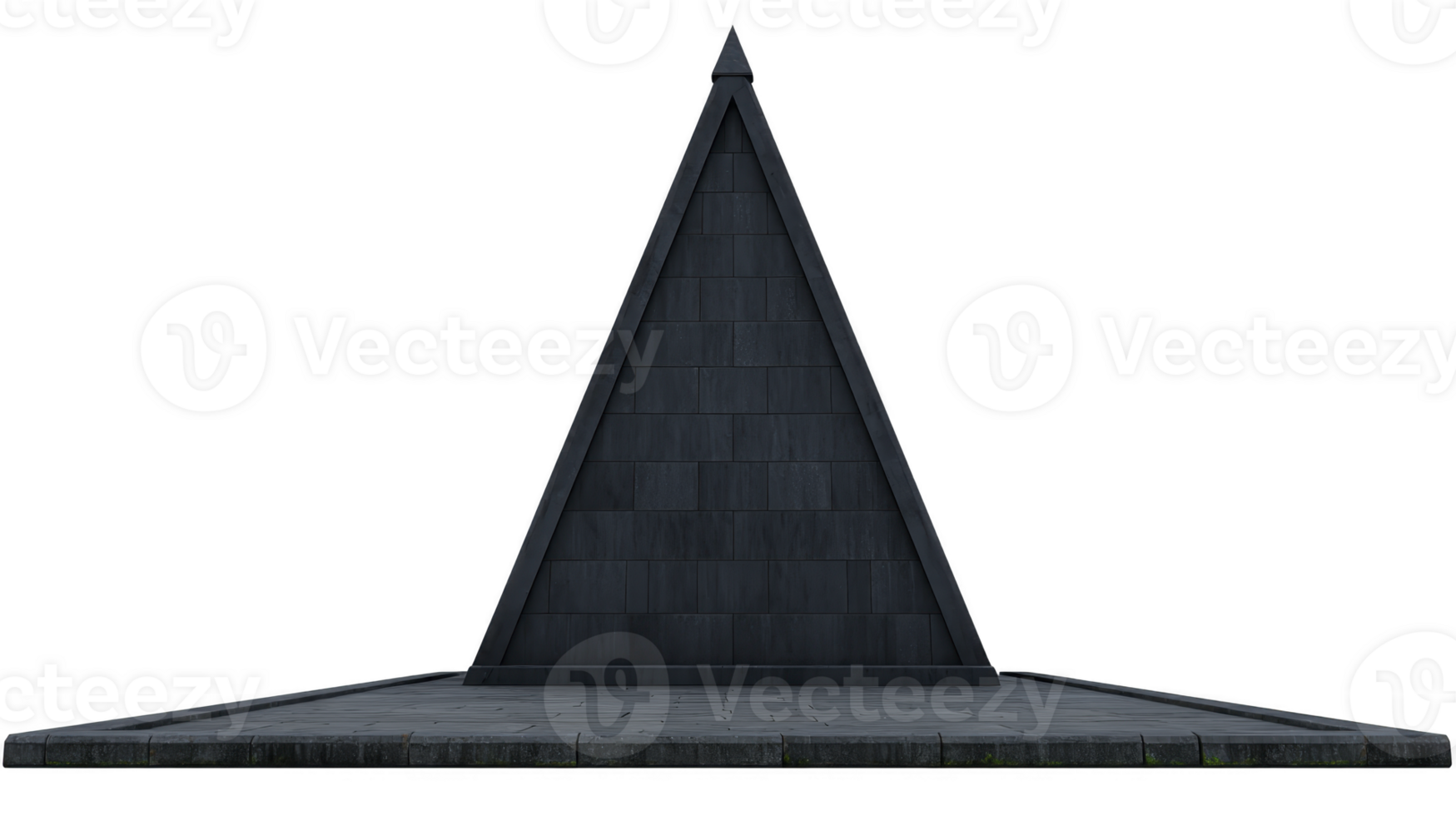 Large, dark pyramid structure stands prominently flat surface, showcasing its triangular shape and textured stone like appearance. pyramid sides are steep, leading to pointed top, creating sense png