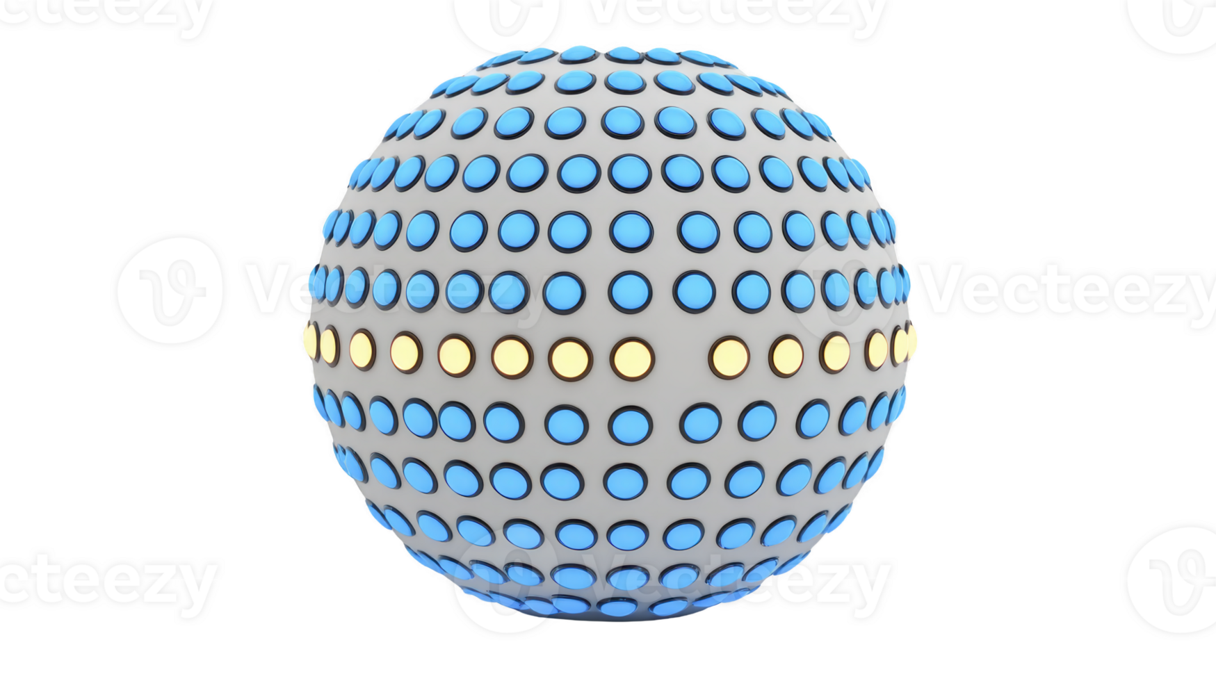Spherical object featuring pattern of blue and yellow dots arranged in rows, creating visually striking design. surface appears smooth and glossy, enhancing its modern aesthetic png
