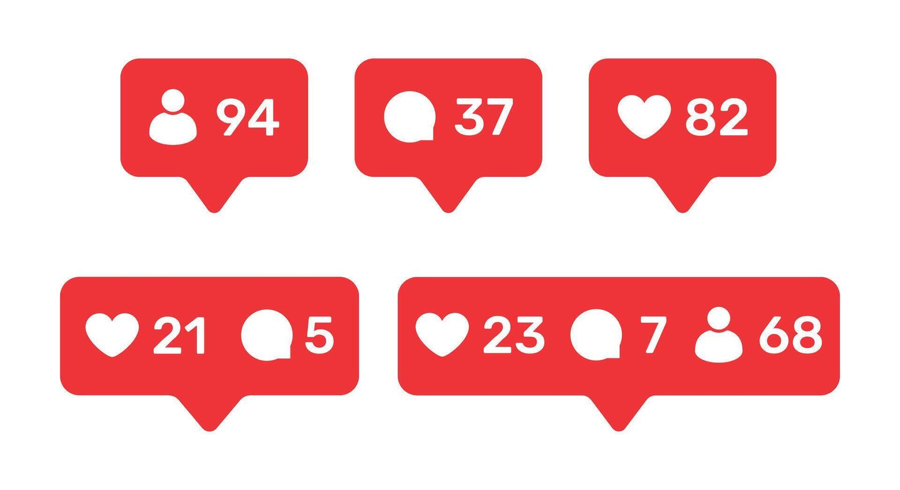Social media notification icons set with followers, likes and comments counters. Red pop up bubble design isolated on white background for digital marketing, community engagement and interaction vector