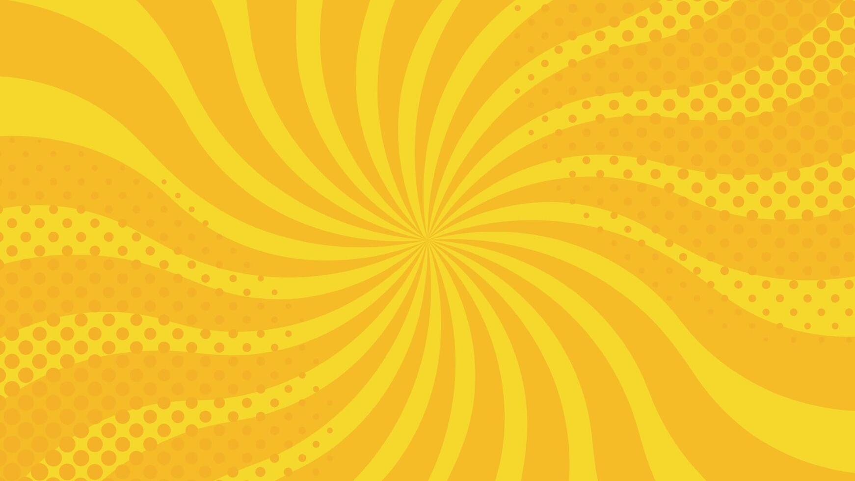 Abstract yellow spiral radial burst with dotted halftone pattern background illustration. Dynamic retro pop art vortex lines and curves creating motion effect. Decorative geometric design vector