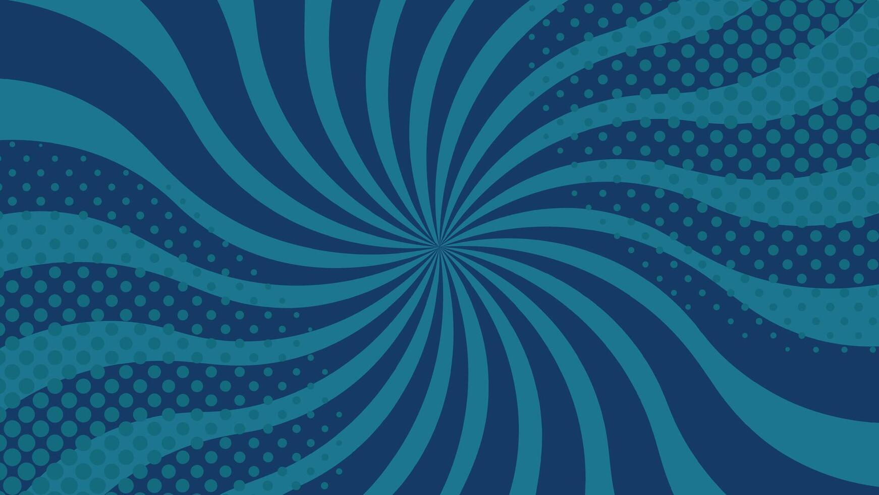 Abstract blue spiral radial burst with dotted halftone pattern background illustration. Dynamic retro pop art vortex lines and curves creating motion effect. Decorative geometric design vector
