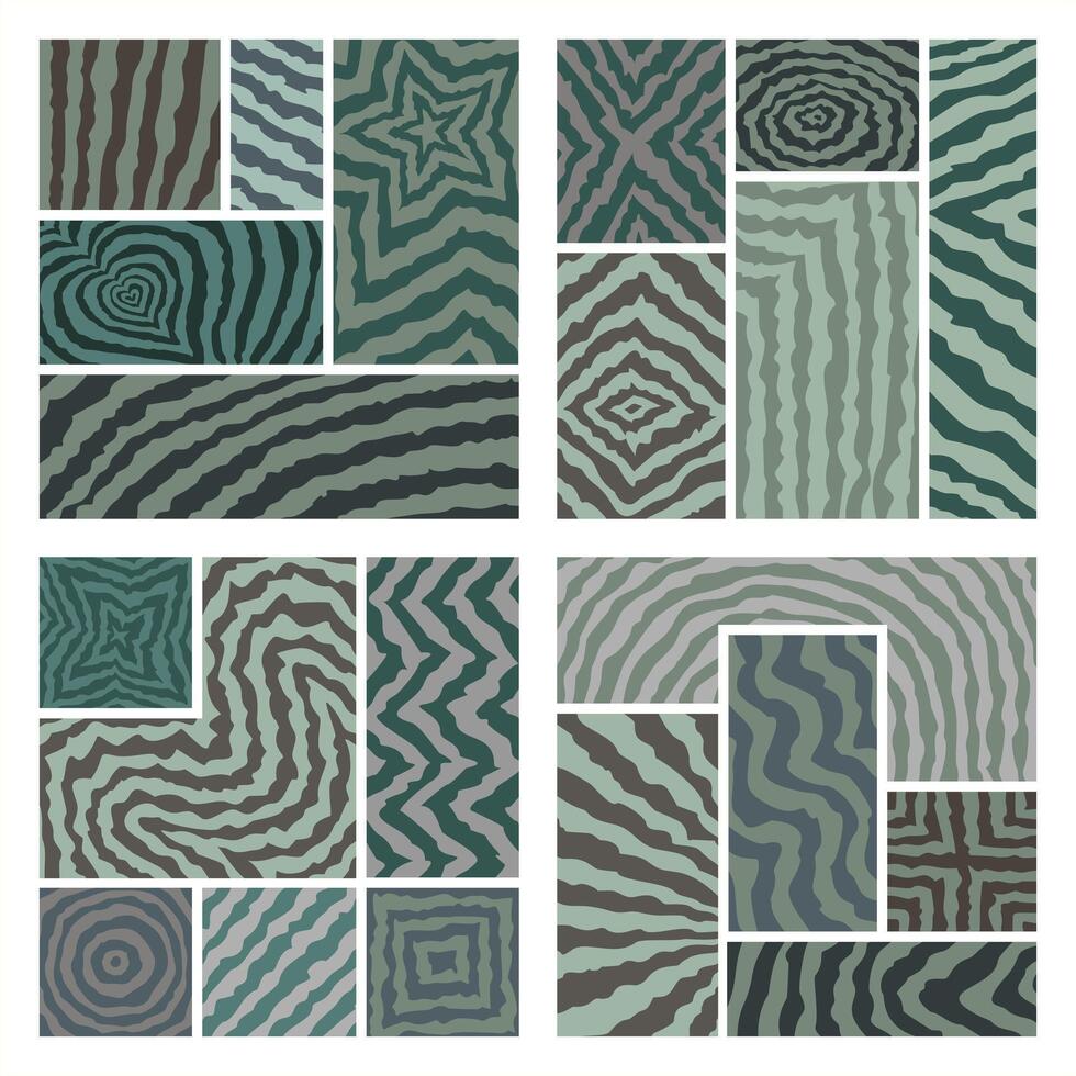 Set of abstract geometric tile patterns with hypnotic optical illusion effect. Modern textures in green tones, perfect for wallpapers, textiles, wrapping, and digital design. vector