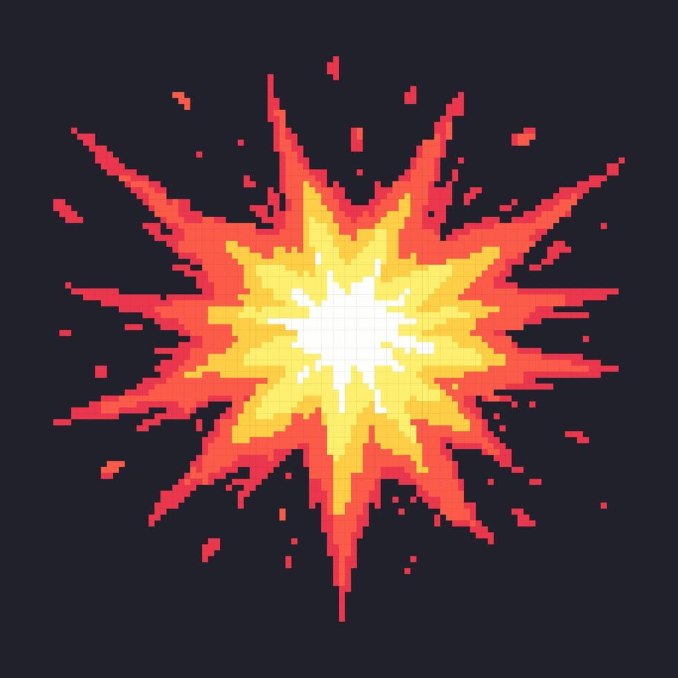 Bright pixel art explosion effect for game development, animations or design projects. Perfect for retro style visuals and dynamic scenes. High quality illustration. vector
