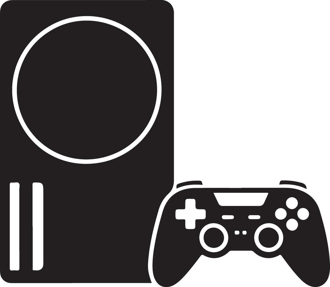 Black silhouette of a game console and controller isolated on white background vector